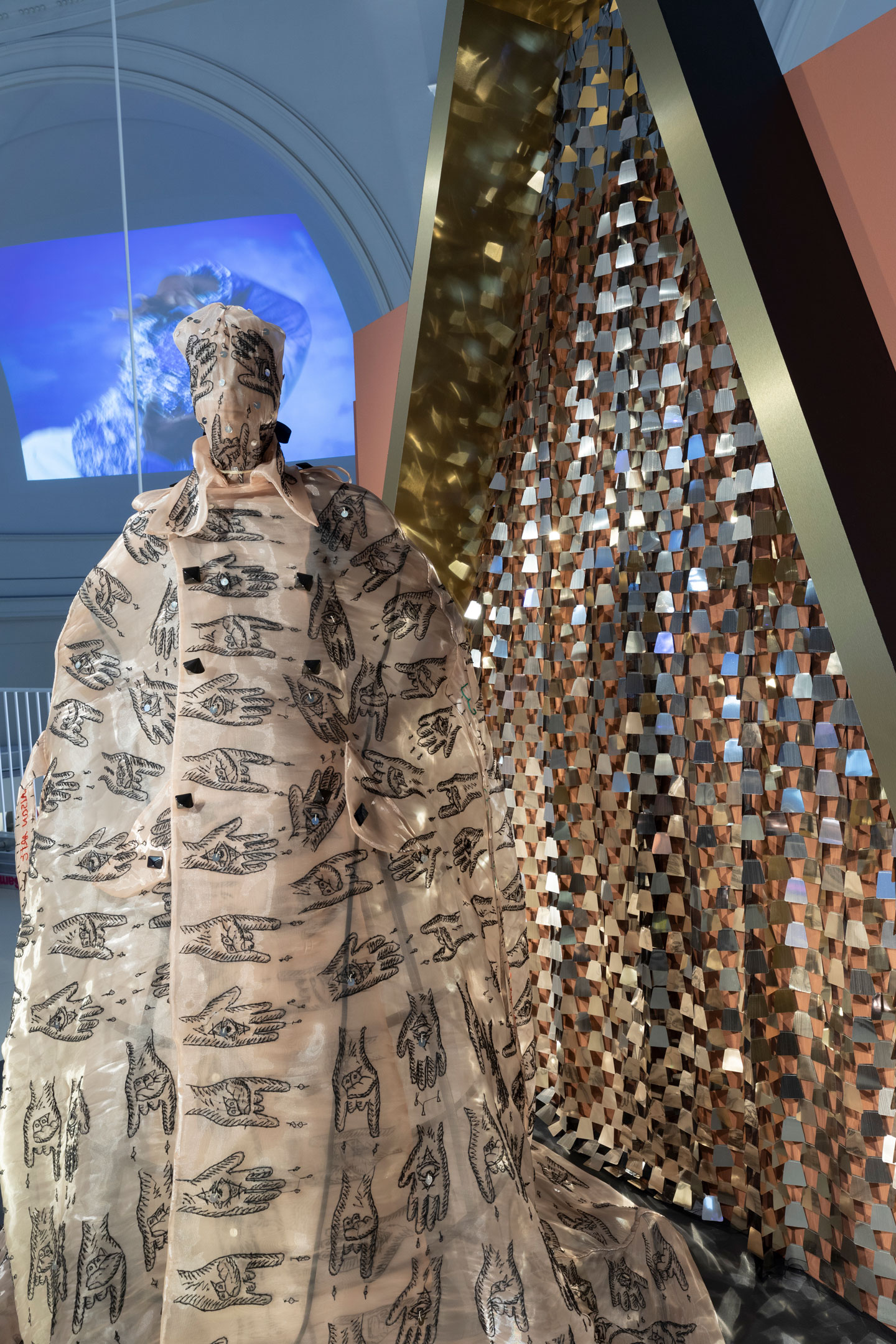 The Trench' designed by Maison ArtC, Morocco, 2021. Image courtesy @M.A.Roock, model Abdul. Africa Fashion at the V&A Installation shot  © Victoria and Albert Museum, London