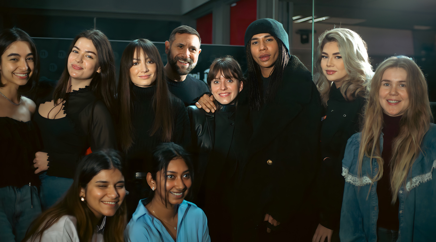 Olivier Rousteing at Istituto Marangoni Paris with students and Massimo Casagrande (IM Programme Leader) 