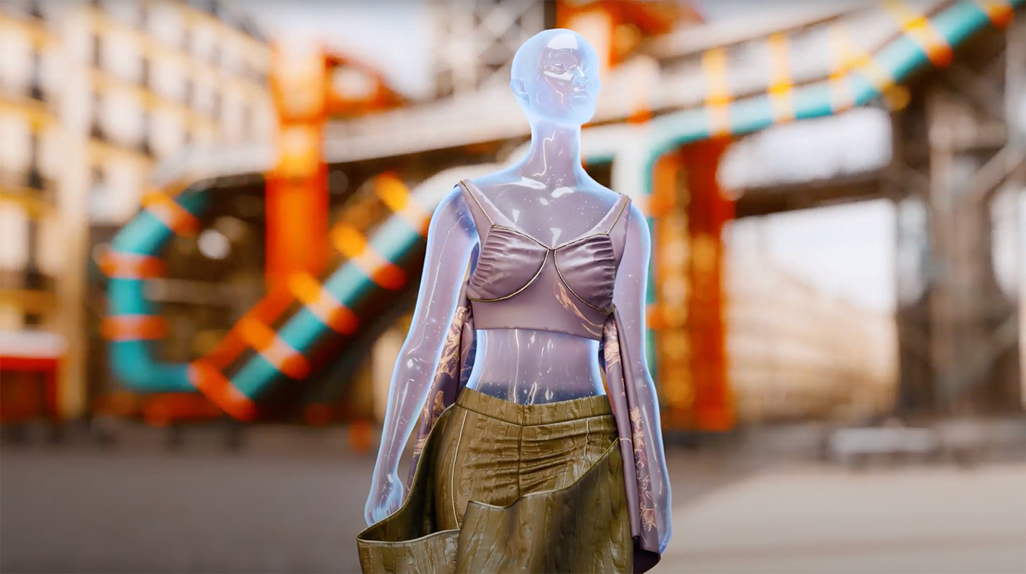 Like her fellow top Istituto Marangoni graduates, Najjar Tia from Paris utilised CLO 3D to digitalise her collection, while AI elevated it with breathtaking animations
