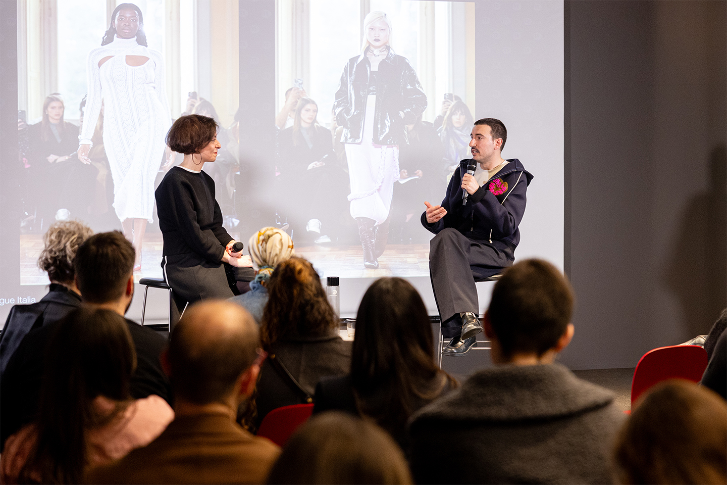 Italian designer Marco Rambaldi, a guest speaker at the "Inverse Fashion" talk during the "Hyper Essentialism" Front Row event hosted by Istituto Marangoni Milano