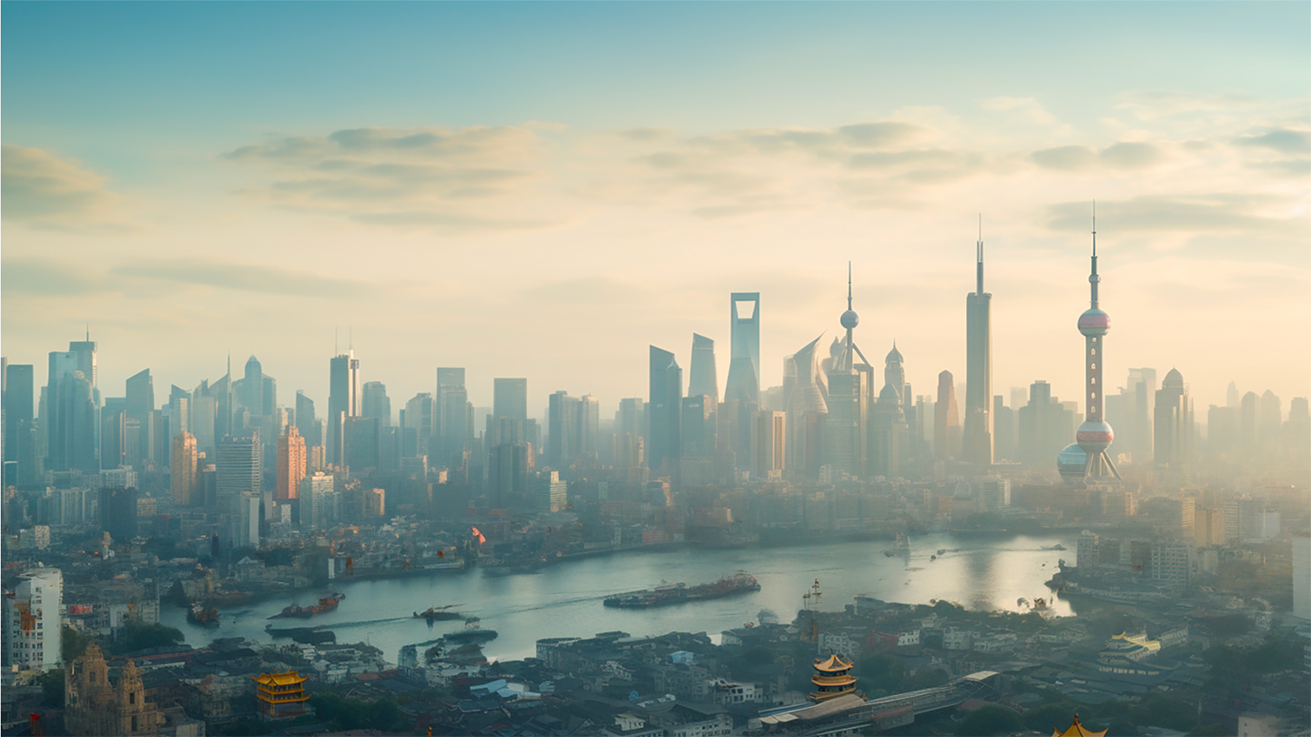The AI-generated visual setting, like this Shanghai background, is powered by Monogrid