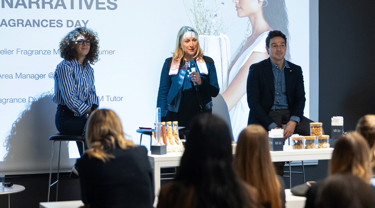 From left to right: Monica Del Vecchio (Area Manager at Carthusia), Micaela Giamberti (Fragrance Division Manager at Atelier Fragranze Milano and tutor at Istituto Marangoni Milano), and Luca Maffei (CEO at Atelier Fragranze Milano), during the fragrance event hosted by Istituto Marangoni in partnership with Accademia del Profumo