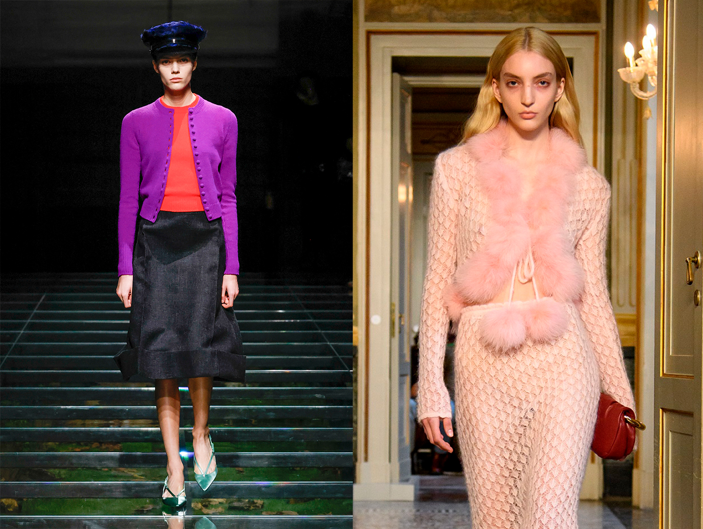 On the left, the interpretation of the cardigan by Miuccia Prada and Raf Simons for Prada's Fall-Winter 2024/25 women's collection; on the right, Walter Chiapponi's debut proposal for Blumarine. Courtesy of Prada and Blumarine