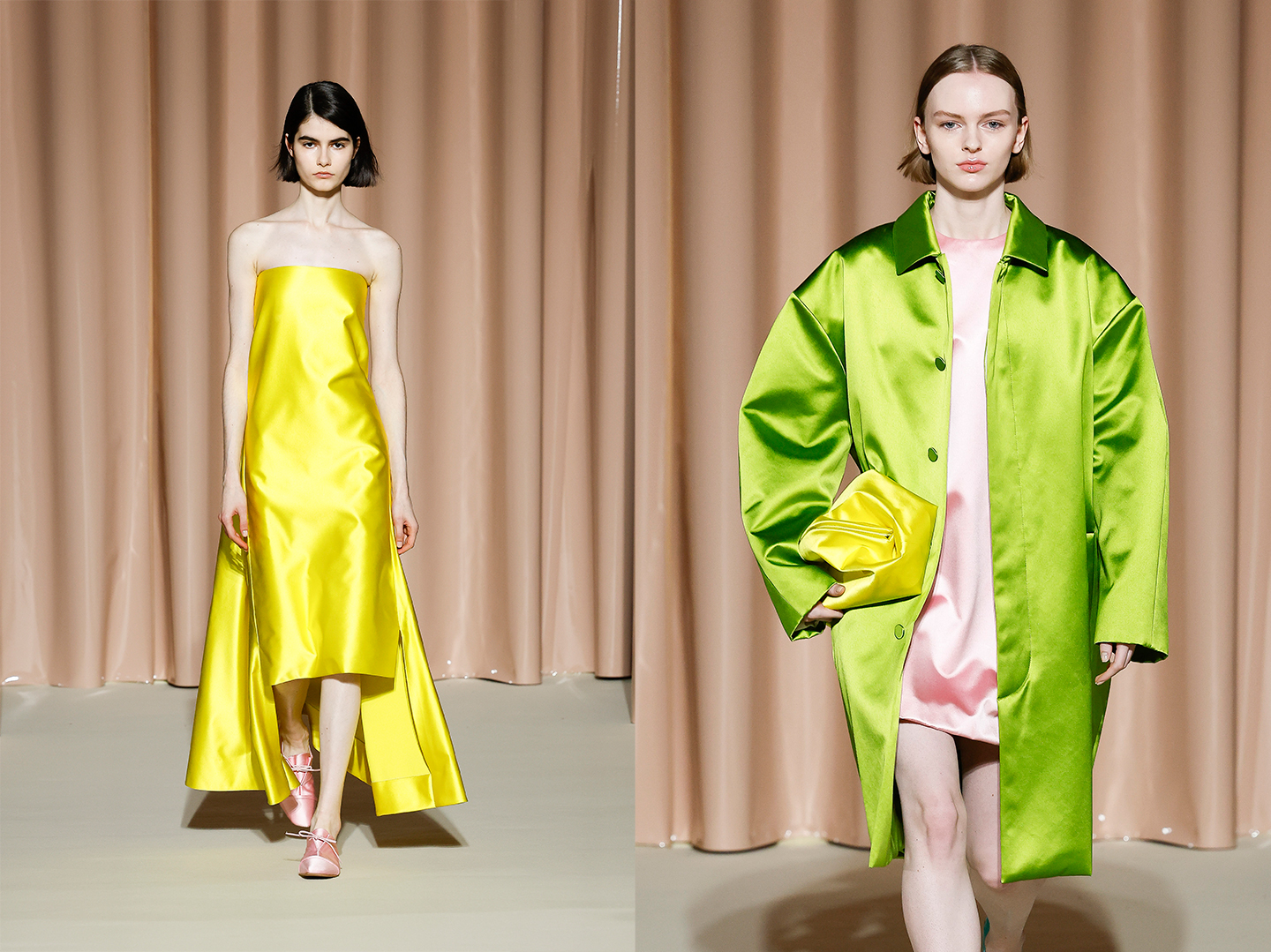 The use of satin duchesse fabric by Lorenzo Serafini for his latest collection for Philosophy, inspired by the women of Alfred Hitchcock's films. Courtesy of Philosophy