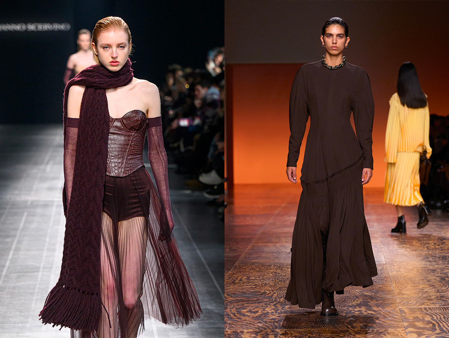 The nuanced browns displayed on the fall-winter 2024/25 runways of Ermanno Scervino (left) and Bottega Veneta (right). Courtesy of Ermanno Scervino and Bottega Veneta