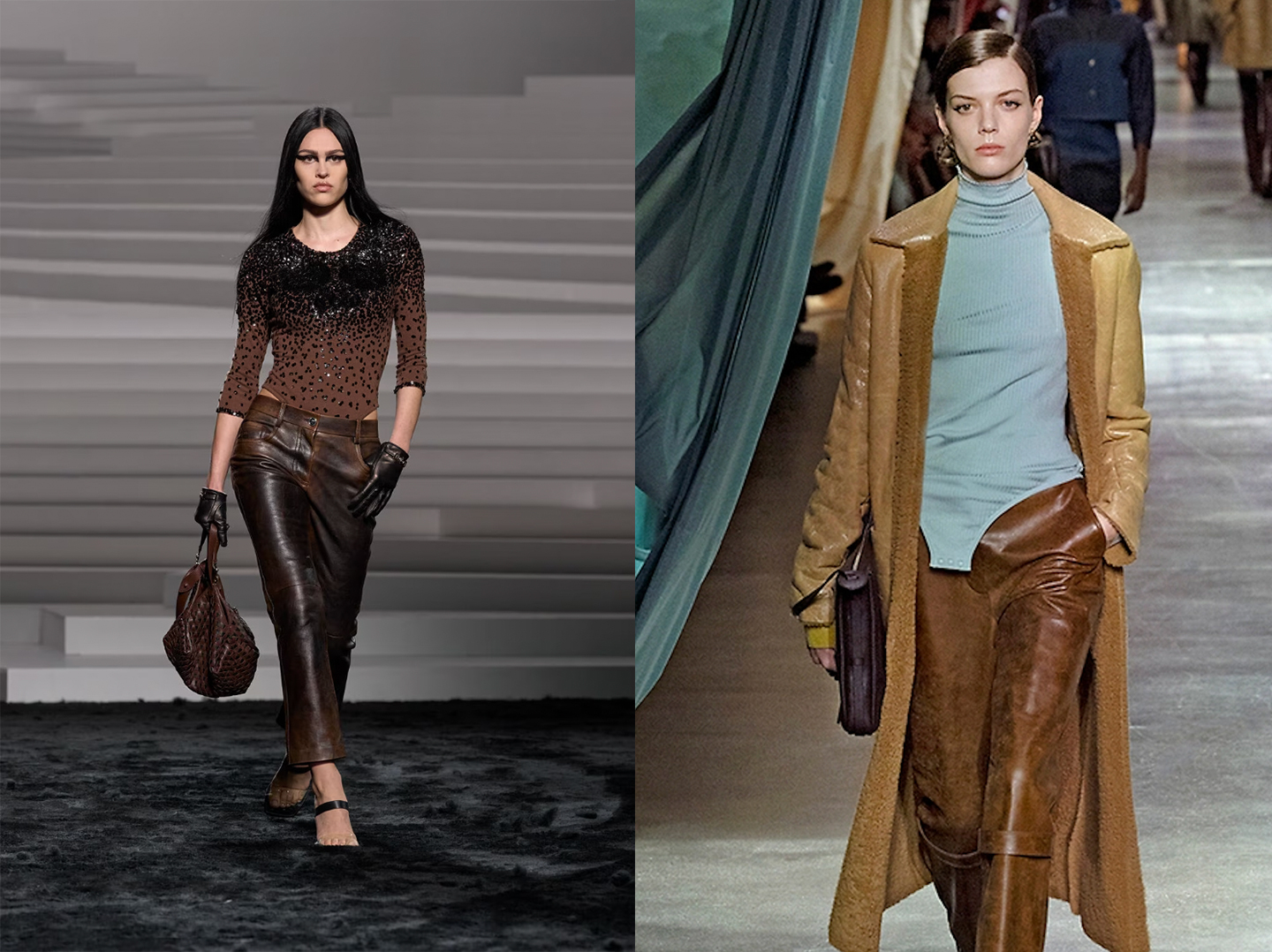 The bodysuit featured in Donatella Versace's fall-winter 2024/25 women's collection for Versace (left), and from Kim Jones' latest runway show for Fendi's womenswear (right). Courtesy of Versace and Fendi