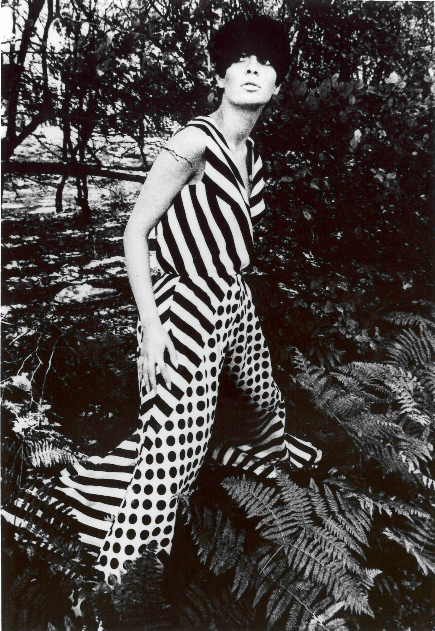 Model Jan de Souza wearing a silk Op art catsuit made when Ossie Clark was at Royal College of Art, 1965