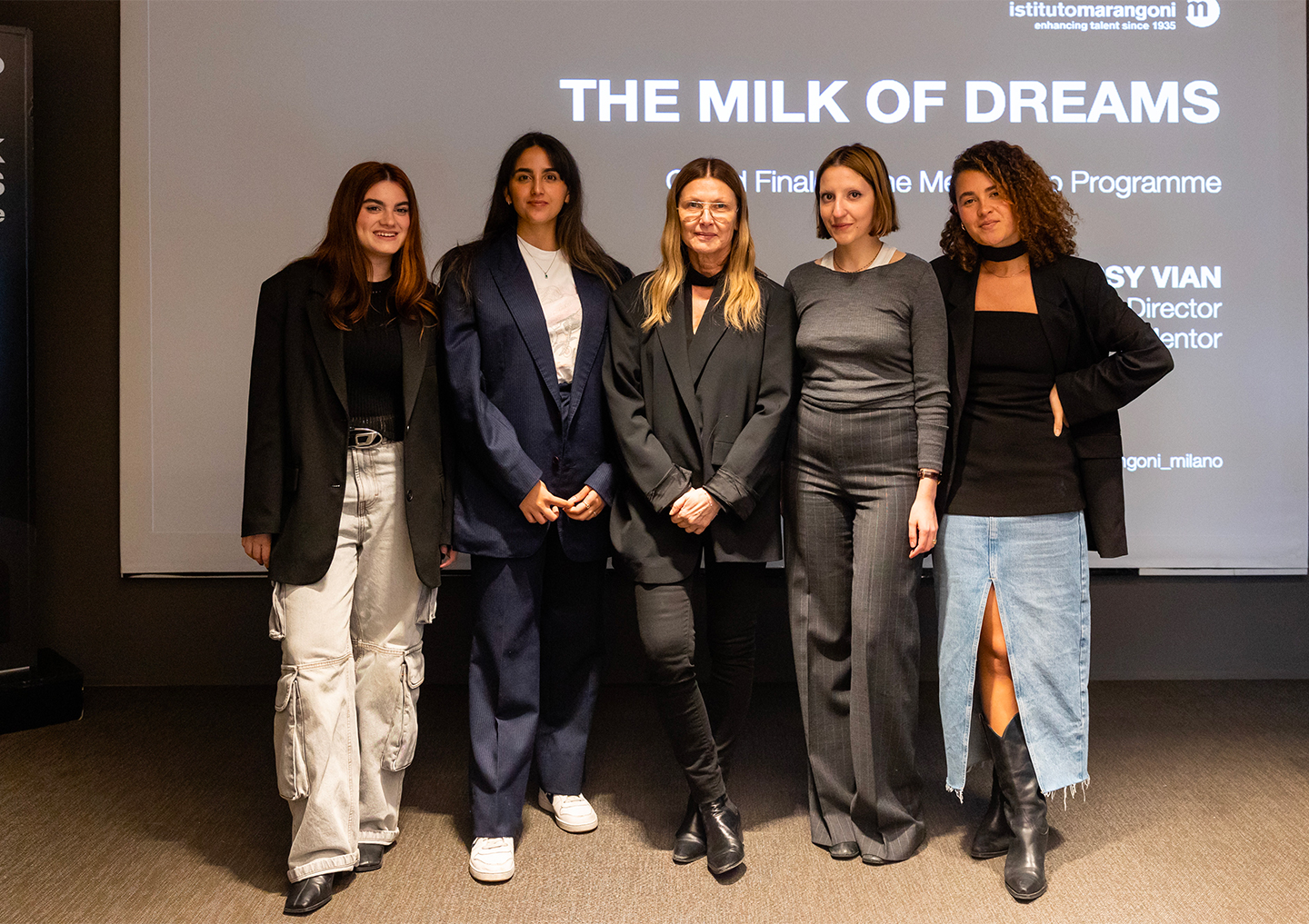 Sissy Vian with the best 4 IM students, who created their slipdress as part of the mentorship project “The Milk of Dreams”