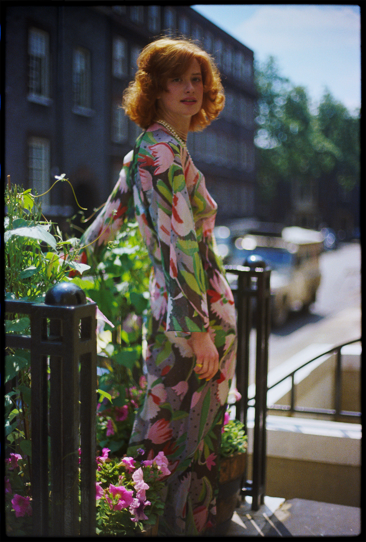 Nicky Waymouth wearing the Tulip print dress, photographed by Peter Schlesinger