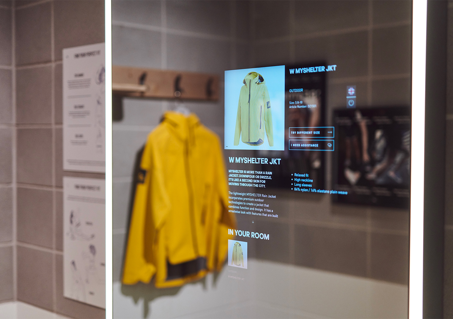 Interactive changing room mirrors use RFID technology to recognise products and provide information, with shoppers able to request different sizes and colours without leaving the space © Adidas