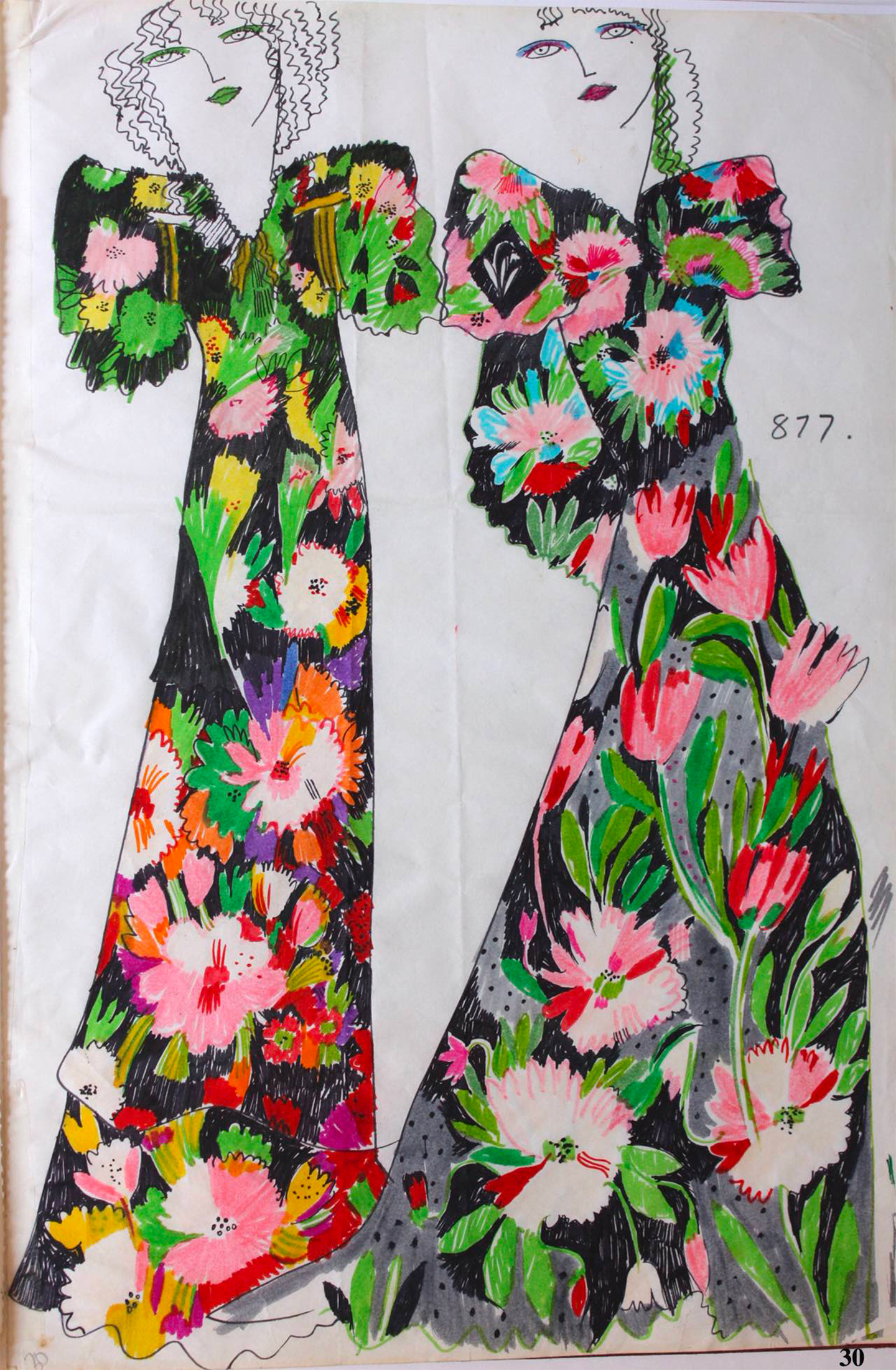 Celia Birtwell, Fashion drawing with Tulip prints, 1972. Pen and ink on paper, Collection Celia Birtwell