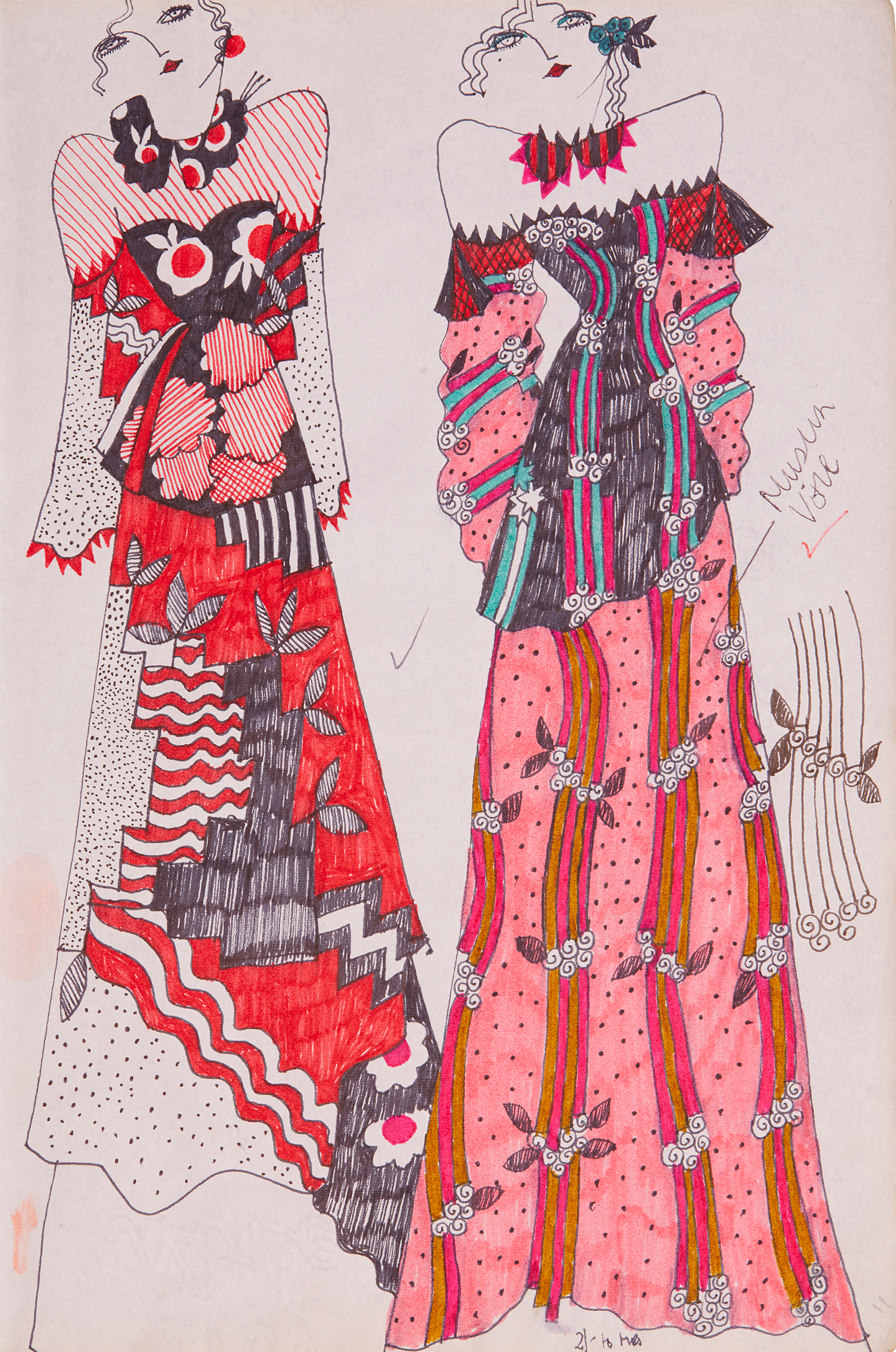 Celia Birtwell Sketchbook with abstract and floral designs for dresses,1970 Pen and ink on paper Collection Celia Birtwell