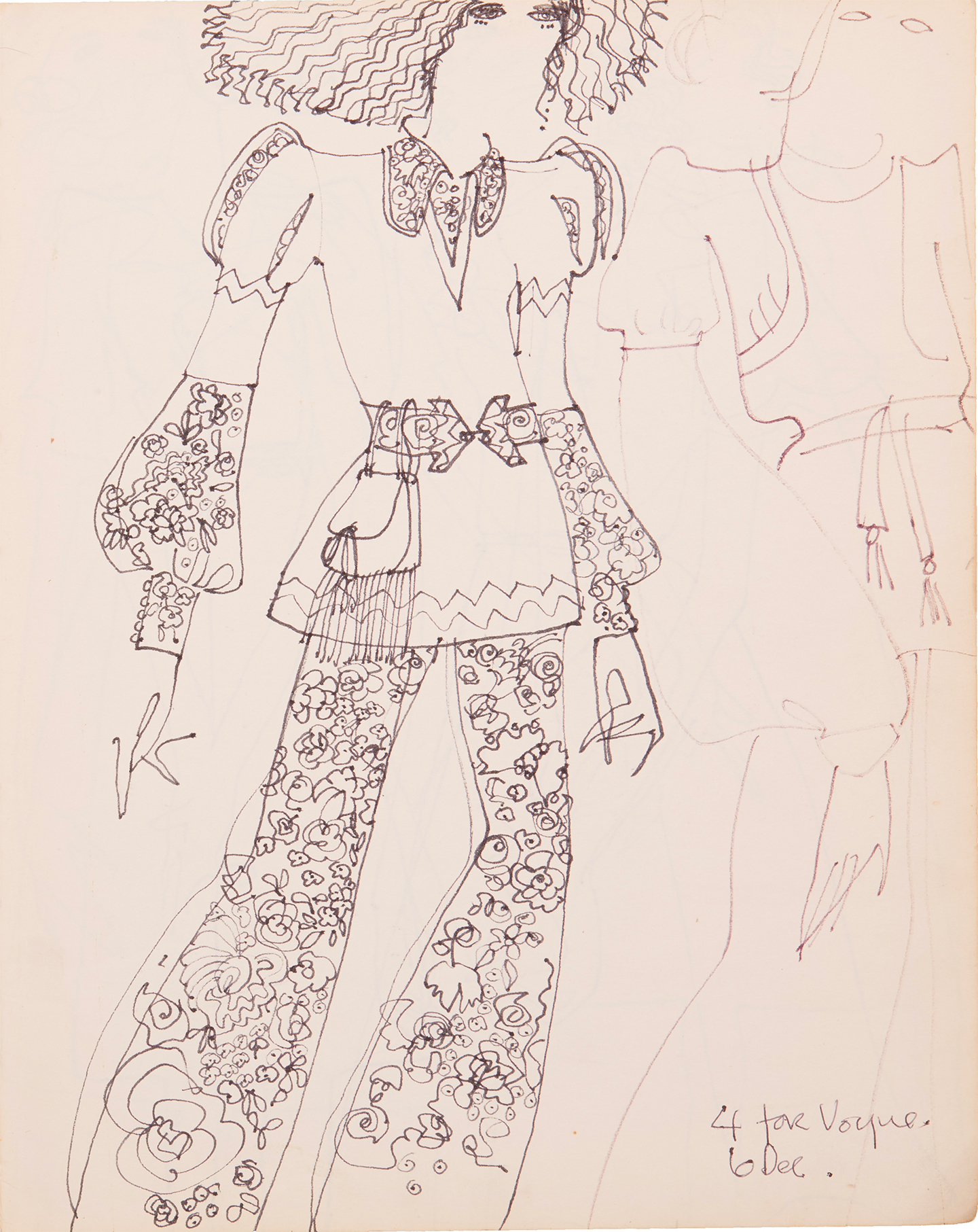 Ossie Clark Sketchbook, Fashion drawing for woman’s suit ca. 1968-69