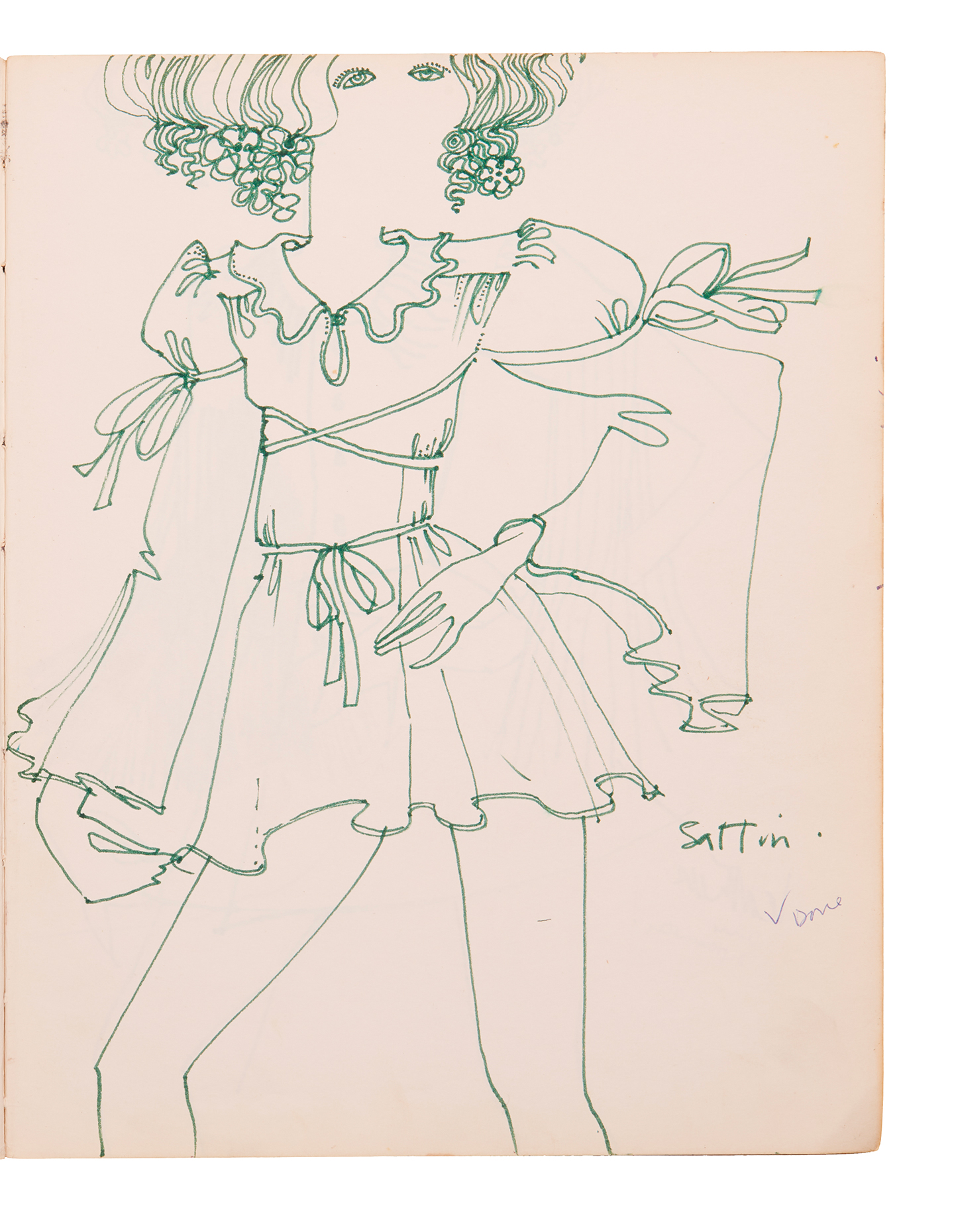 Ossie Clark, Sketchbook, Fashion drawing for a mini dress ca. 1968-69, Pen with green ink on paper