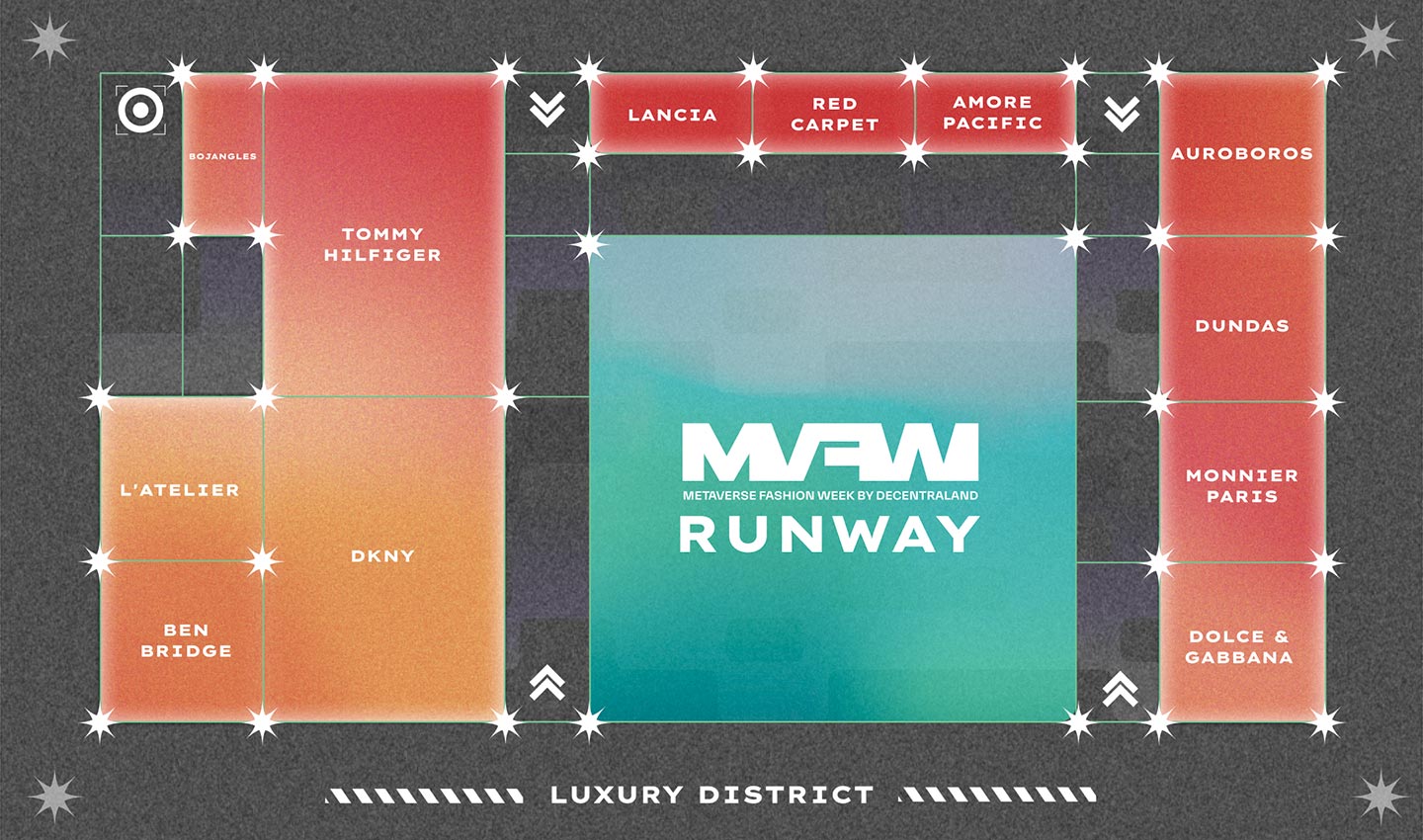 The heart of fashion in Decentraland. The Luxury Fashion District was where global fashion brands displayed their virtual storefronts during MVFW23