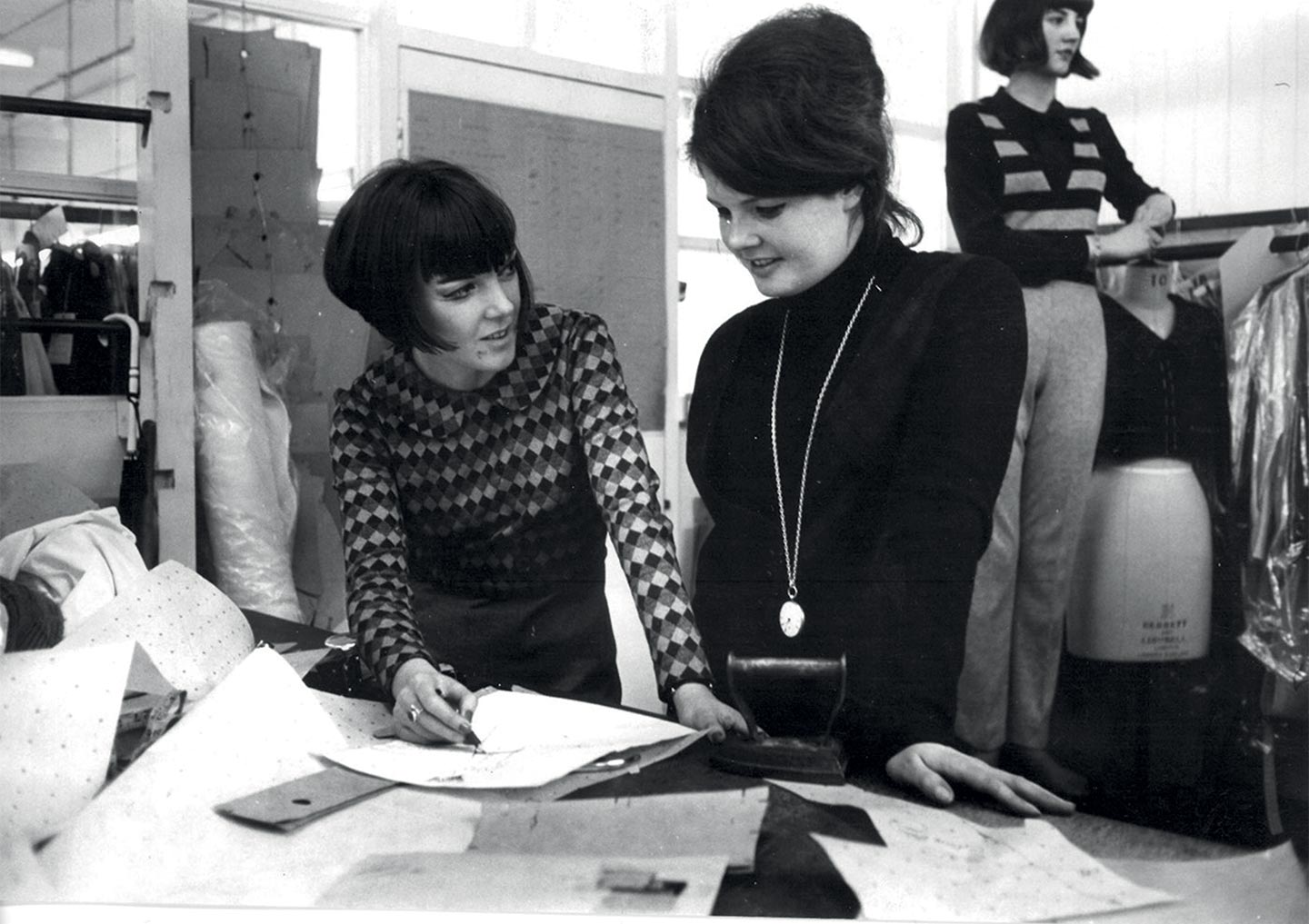 Quant (left) in the workroom 1963. Image courtesy of Mary Quant Archive / Victoria and Albert Museum © George Konig