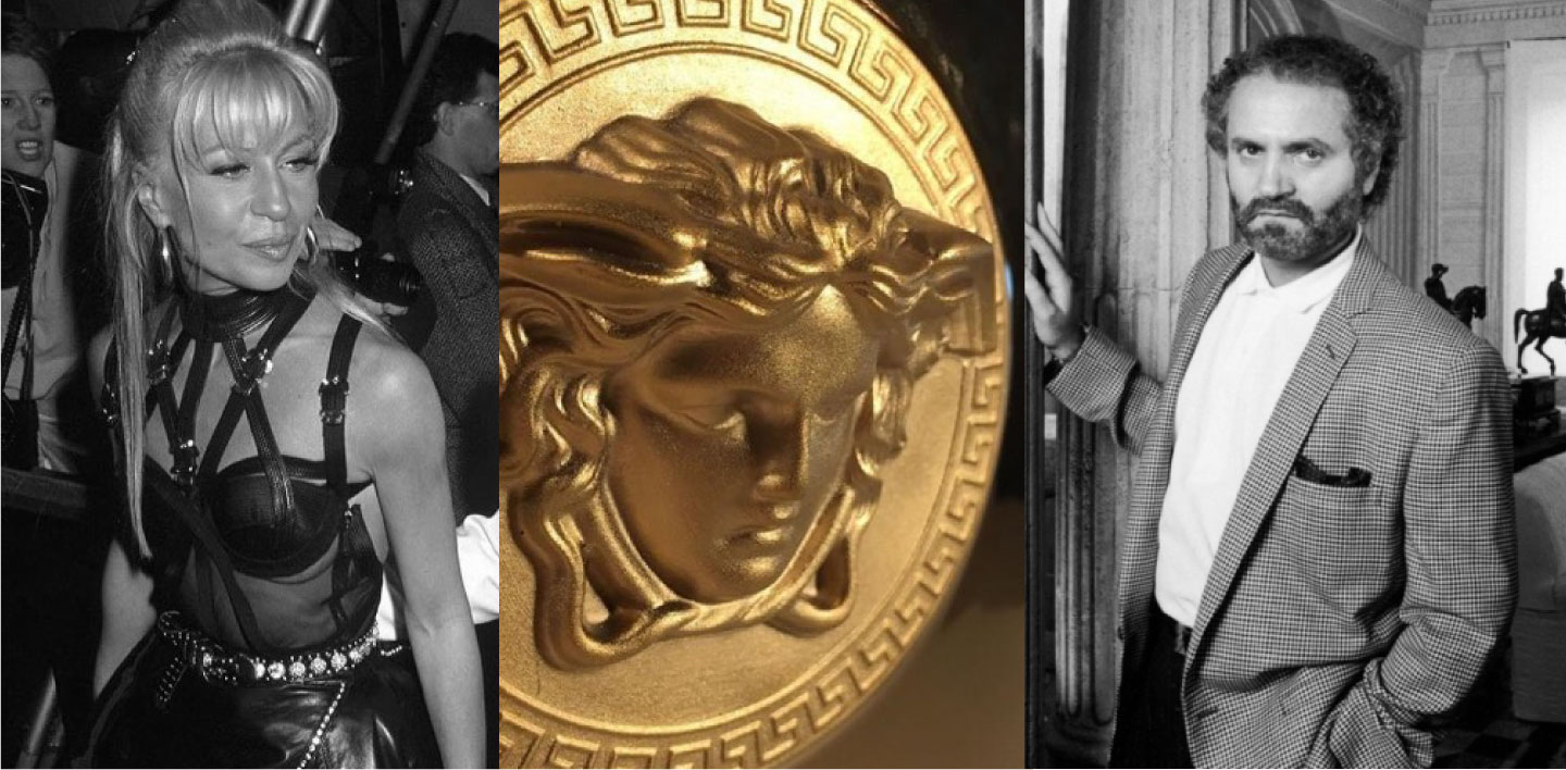 From left to right: Donatella Versace by Ron Galella; the Medusa head logo; Gianni Versace by David Lees