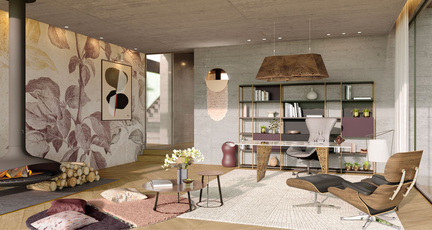 A home office inside the K2 Villa rendered by Istituto Marangoni alumna and architect Mariana Jaramillo
