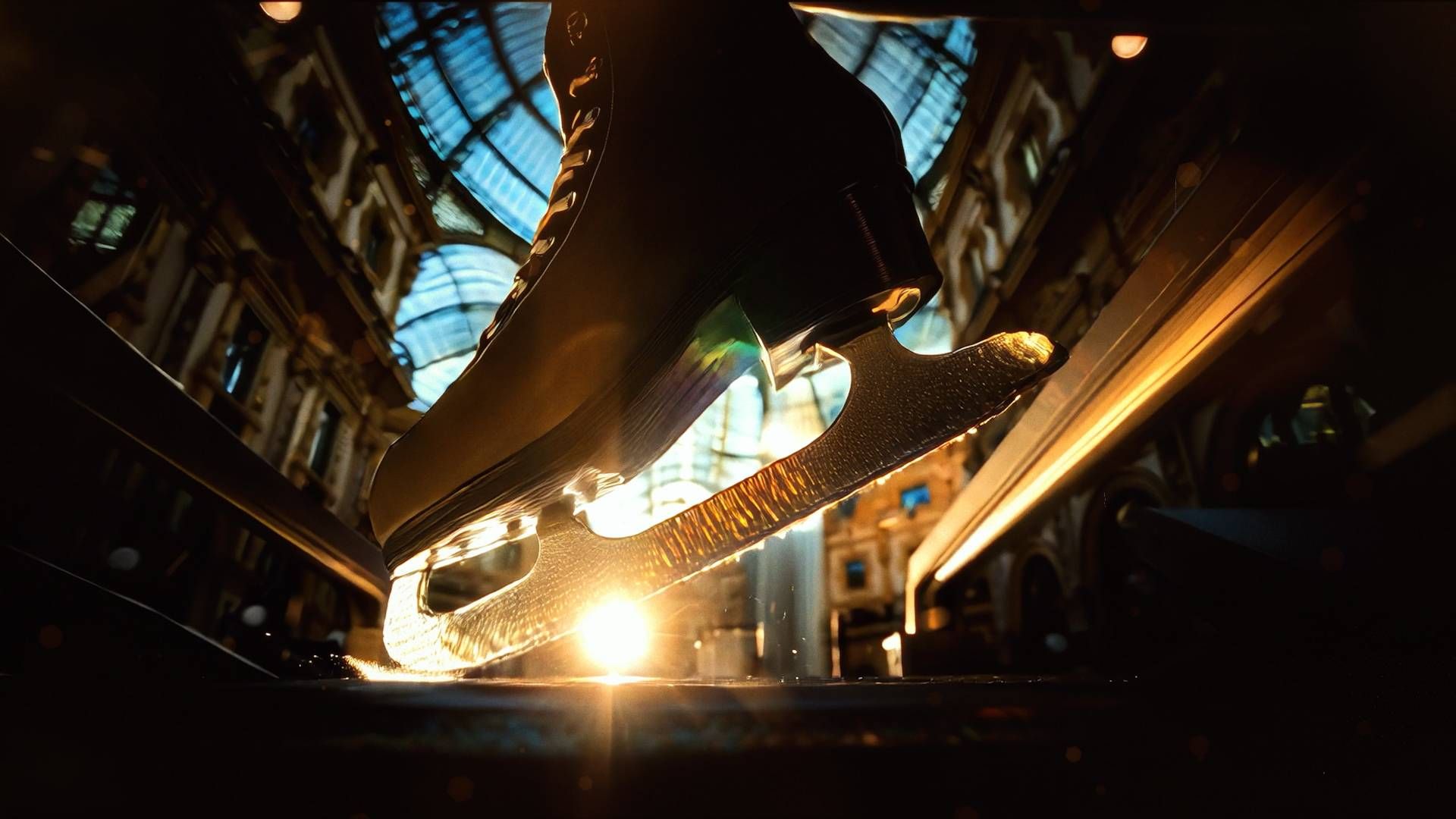 A close-up of the skate blade reflects the precision behind Milano Cortina 2026’s Olympic visual identity, where design heritage meets contemporary image-making technology.