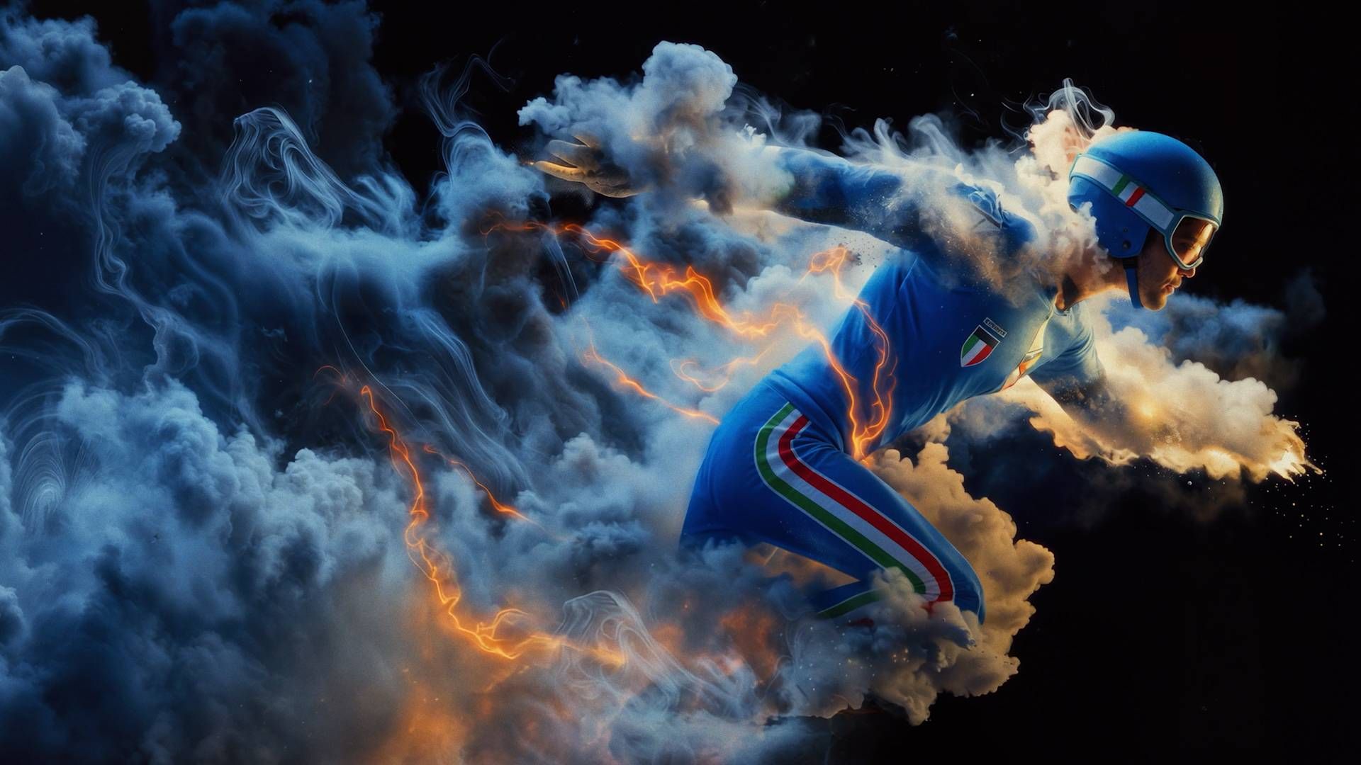 An athlete surrounded by electric light evokes the “energy awakening” concept behind the RAI Milano Cortina 2026 promo, shaped by Ced Pakusevskij’s AI-informed creative direction.