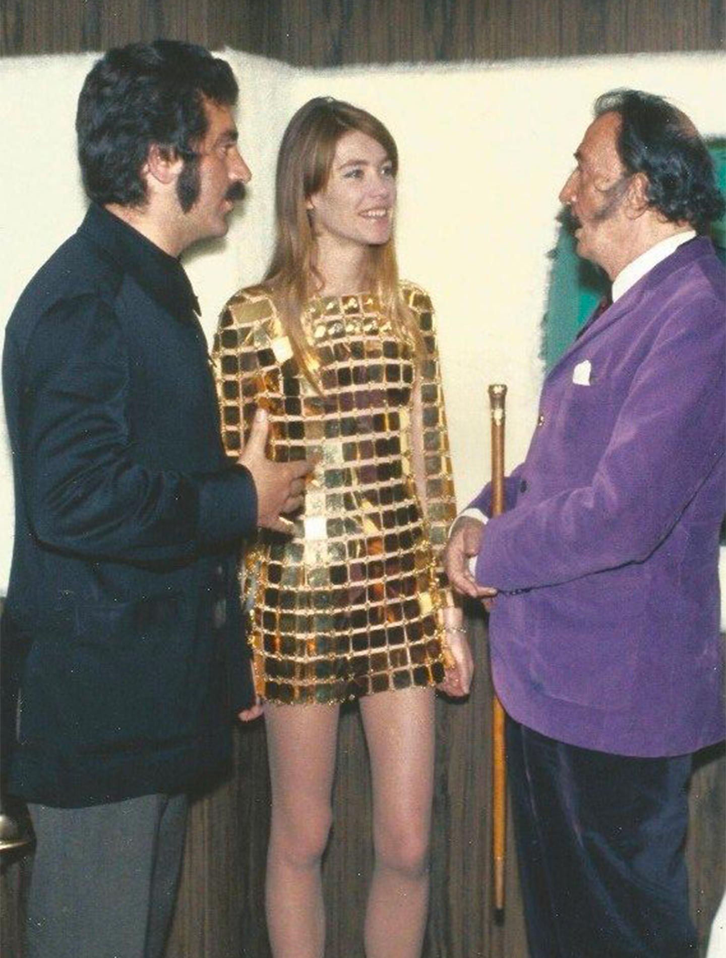 Paco Rabanne, Françoise Hardy in a Paco Rabanne dress and Salvador Dali in May 1968