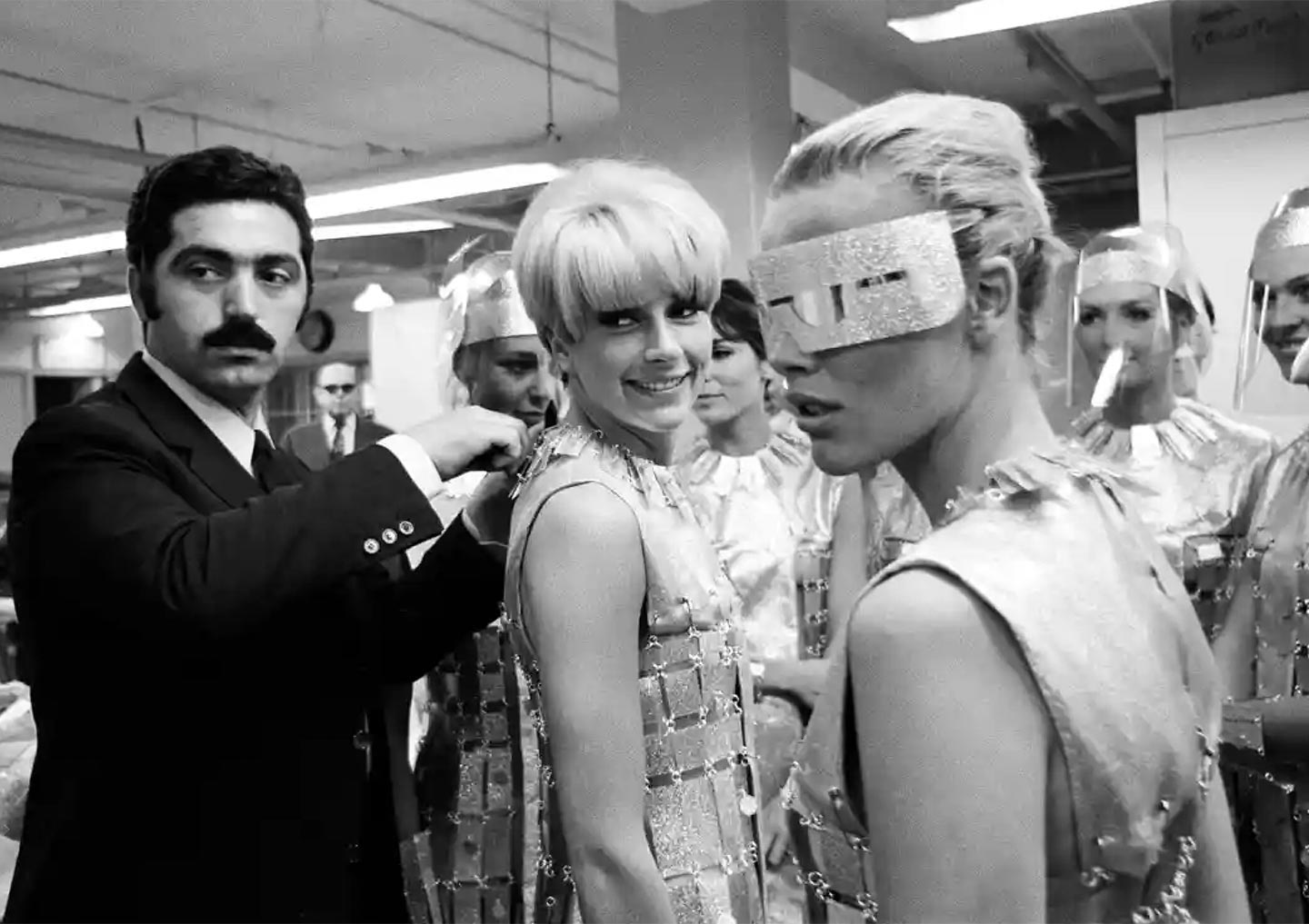 Paco Rabanne on the set of Casino Royale at Elstree Studios in 1966