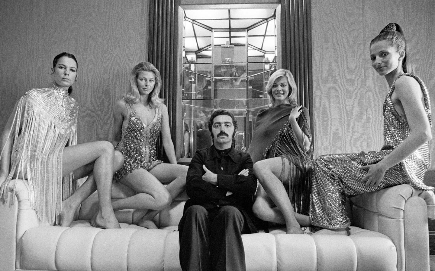 Paco Rabanne, with models in his atelier, June 18, 1970