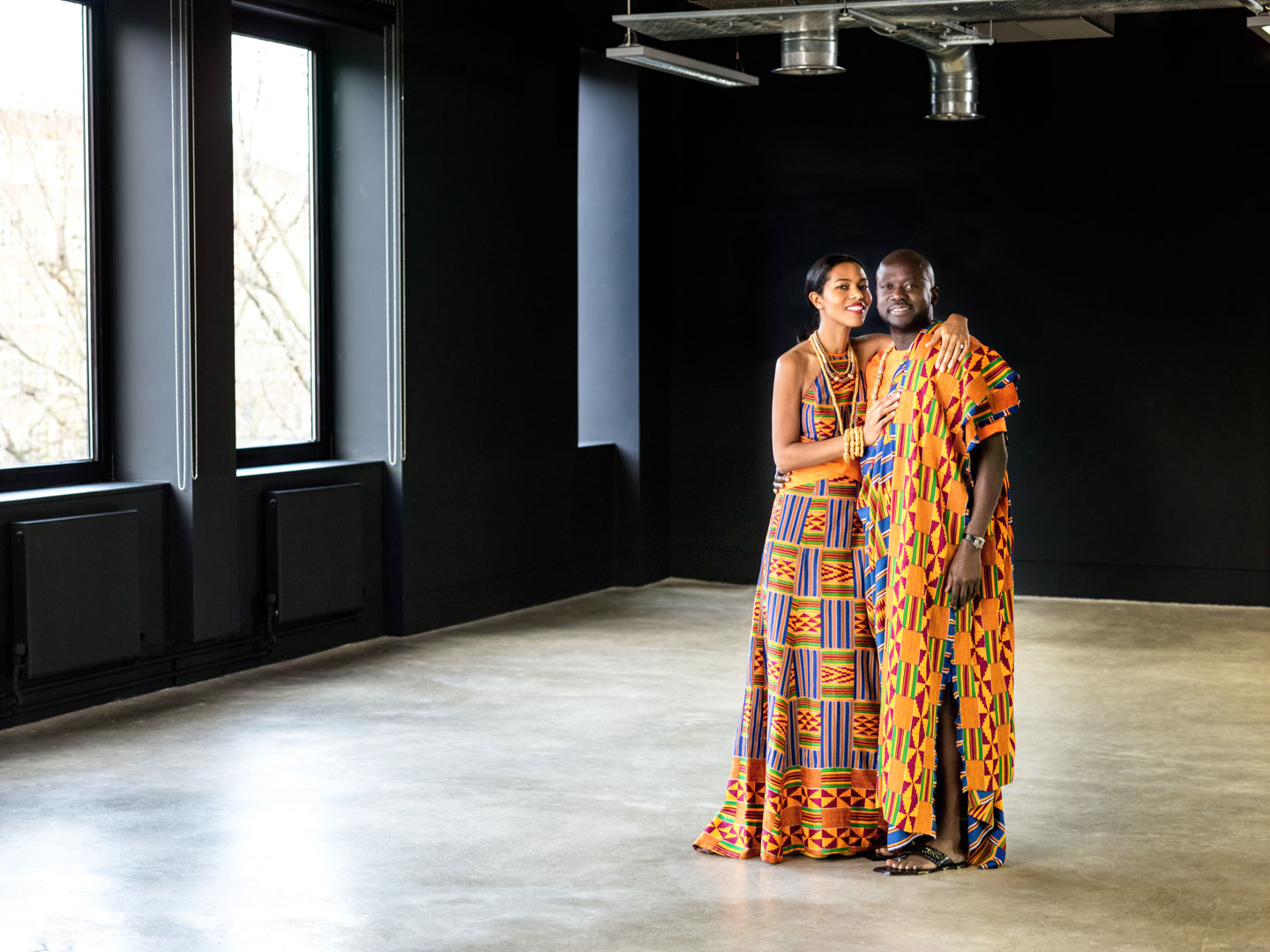 Designed by Kofi Ansah, Ensembles for the wedding of Ashley Shaw-Scott Adjaye and David Adjaye. Ghana, 2014. Photographed in London in 2014 by Robert Fairer © Victoria and Albert Museum, London