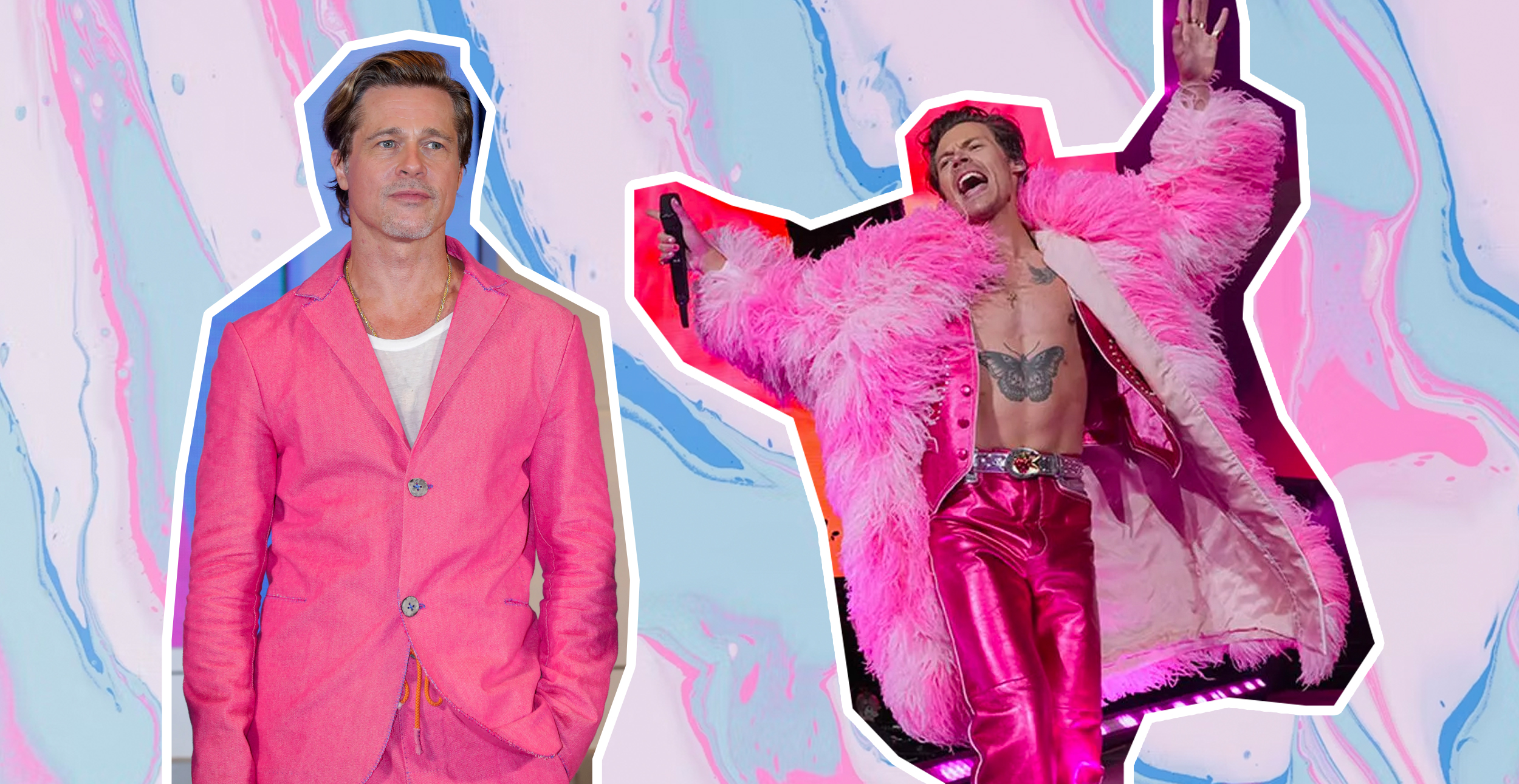 Harry Styles went viral with a pink Gucci eco-fur at Coachella 2022, while Brad Pitt showed up in total pink two-piece suit at the première of Bullet Train in Korea