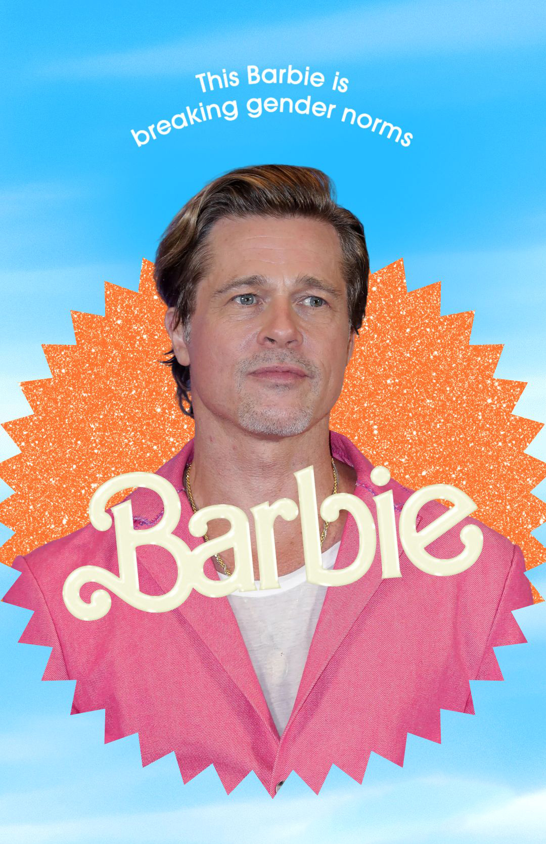 Created with the Barbie Selfie Generator, this artwork shows Brad Pitt in a Kencore mood