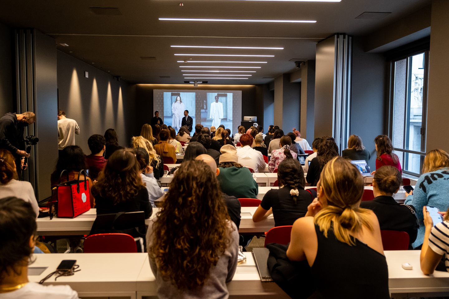 Istituto Marangoni Milano Fashion Design Master's students listening to Chiapponi share more about his career