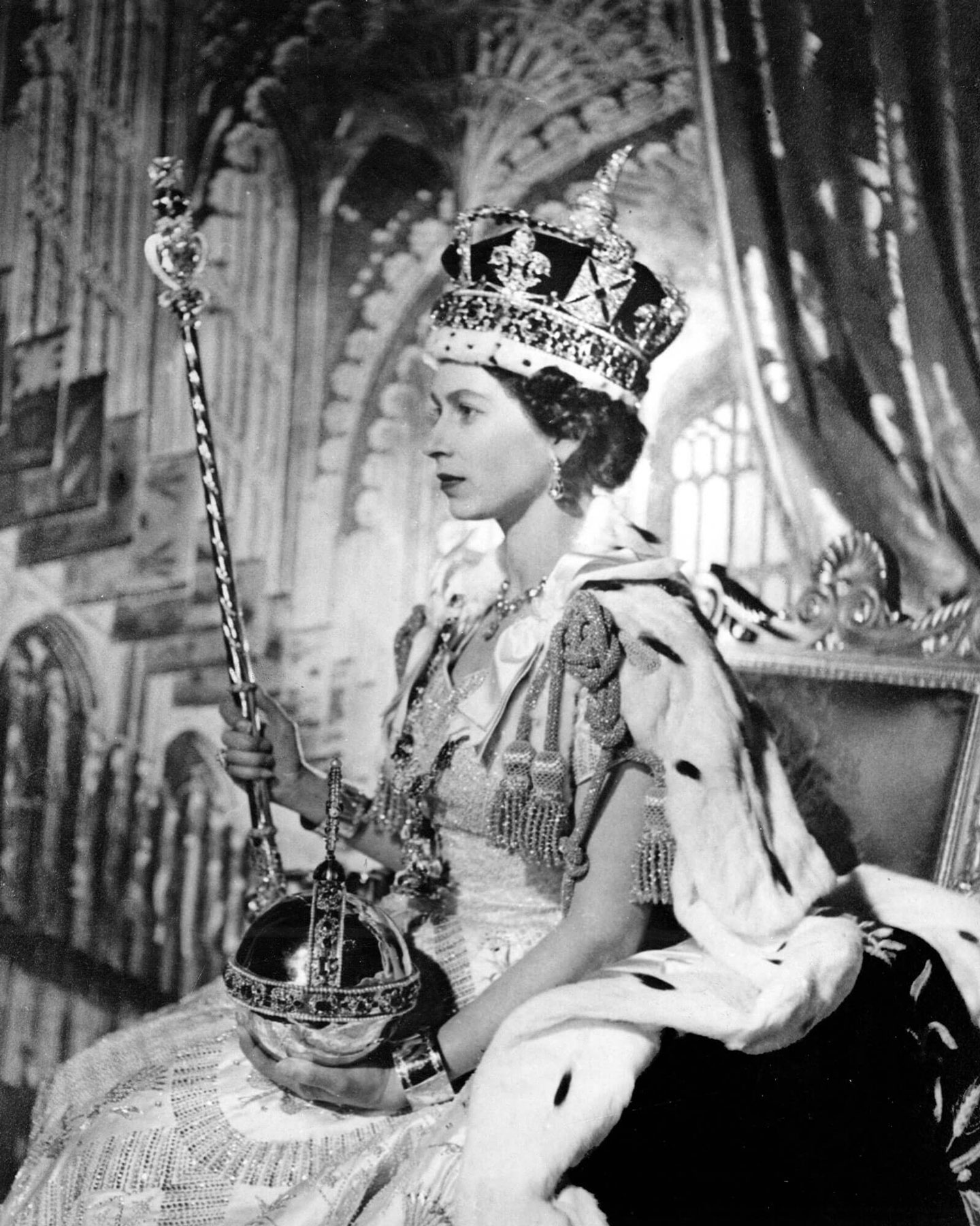 Elizabeth II's coronation in 1953. The Queen chose a gown richly embroidered with floral emblems of the United Kingdom and its dominions