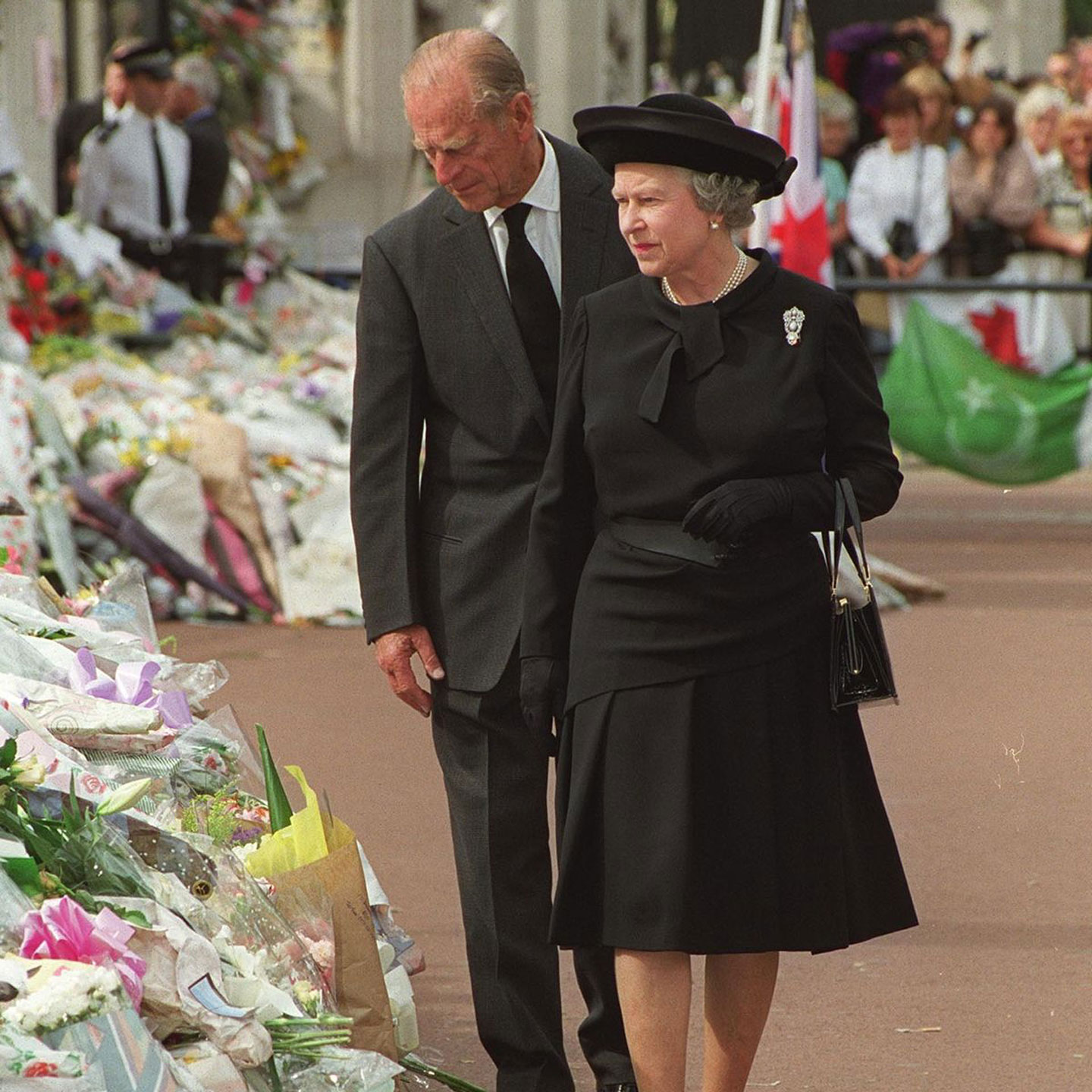 Queen Elizabeth II and the Duke of Edinburgh at Princess Diana's funeralin 1997