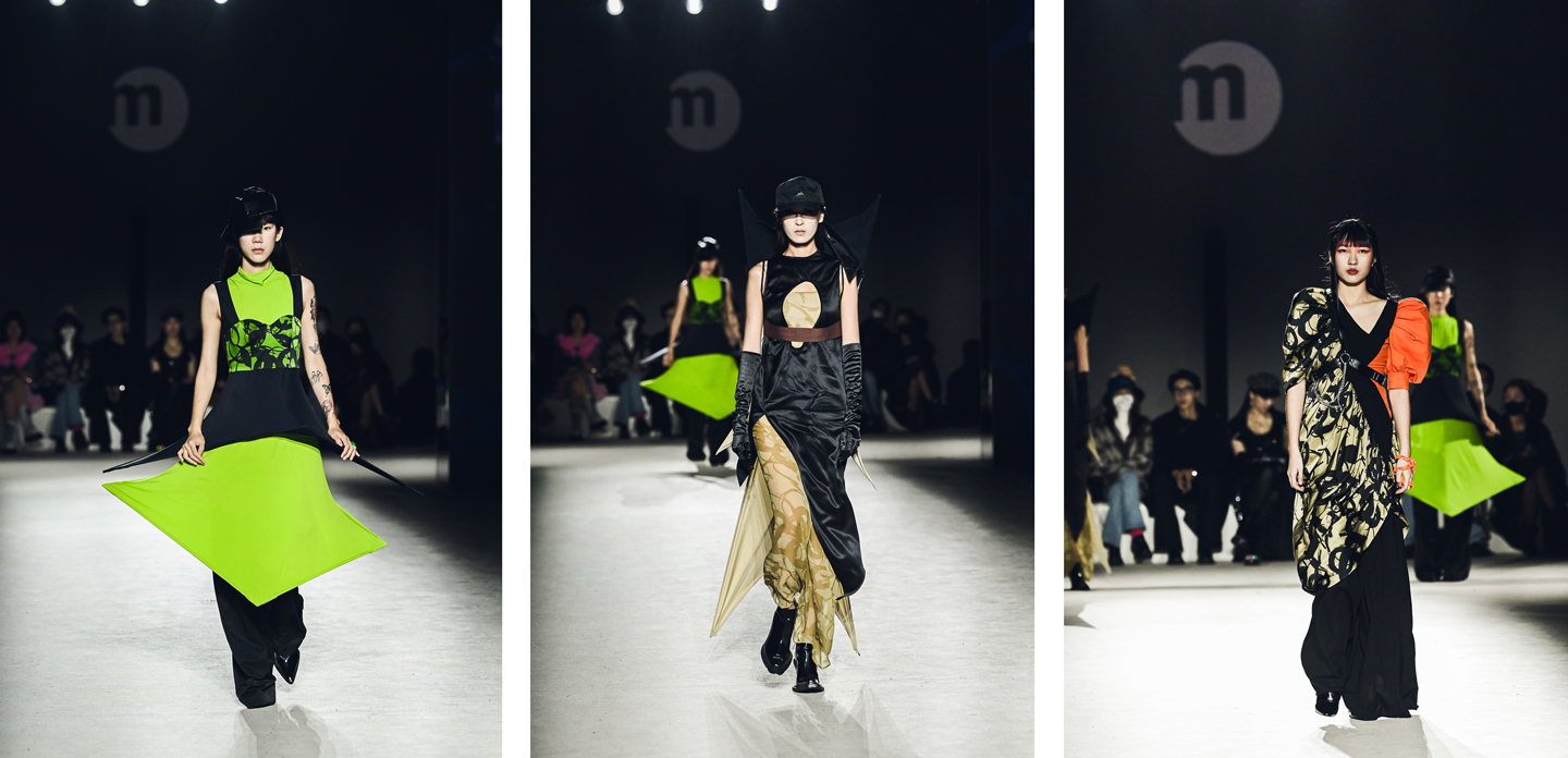 Models walking the catwalk in looks from the 'Degeneration' collection by Istituto Marangoni Shanghai fashion designer Sun Haoyue