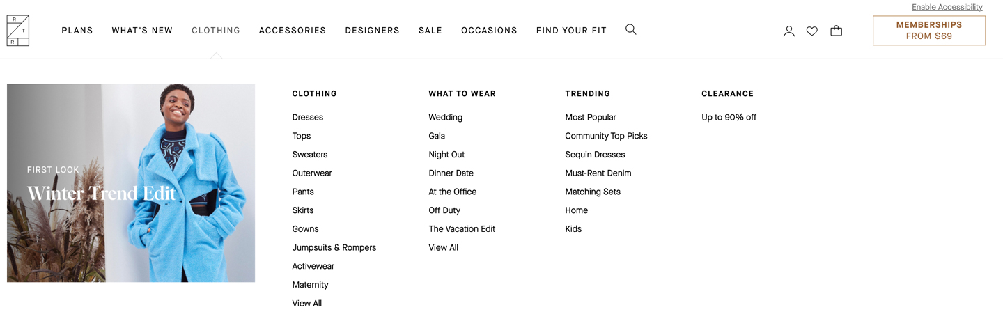 From renttherunway.com: Rich sub-categories and designer brand cooperation resources 