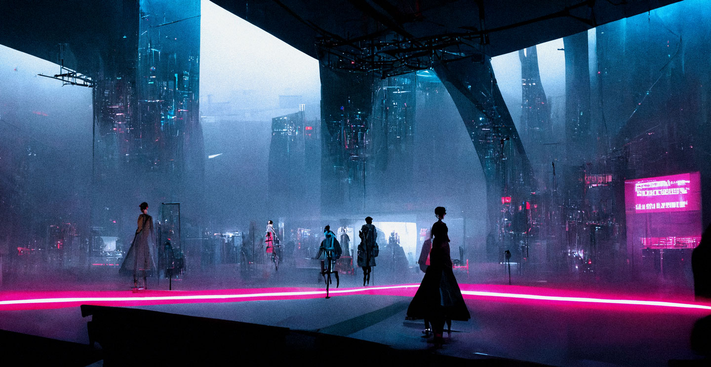 Cyberpunk metaverse fashion show, made with Midjourney by Constanza Coscia