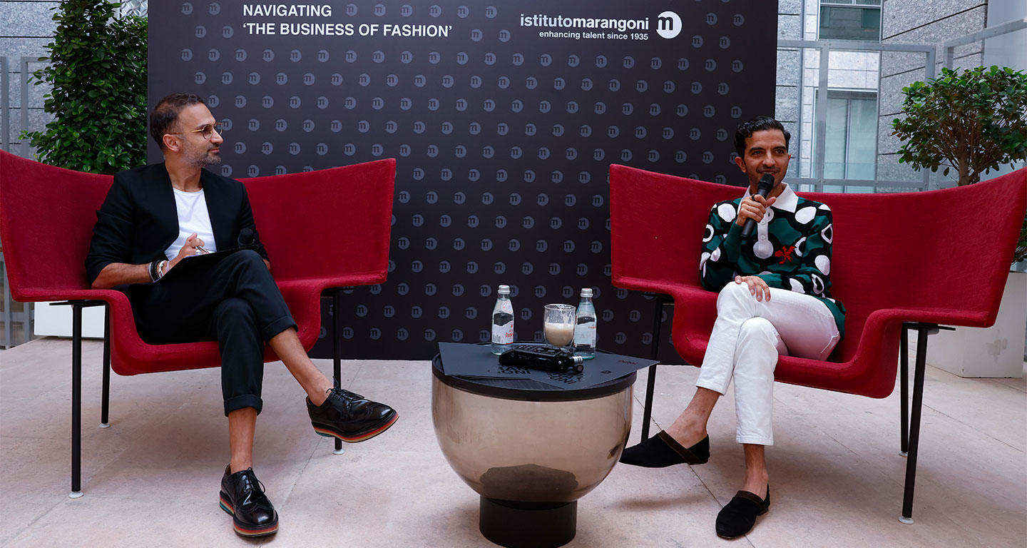 Imran Amed, Founder, CEO, and Editor-in-Chief of The Business of Fashion (on the right), sharing insights during the event hosted by Istituto Marangoni Dubai