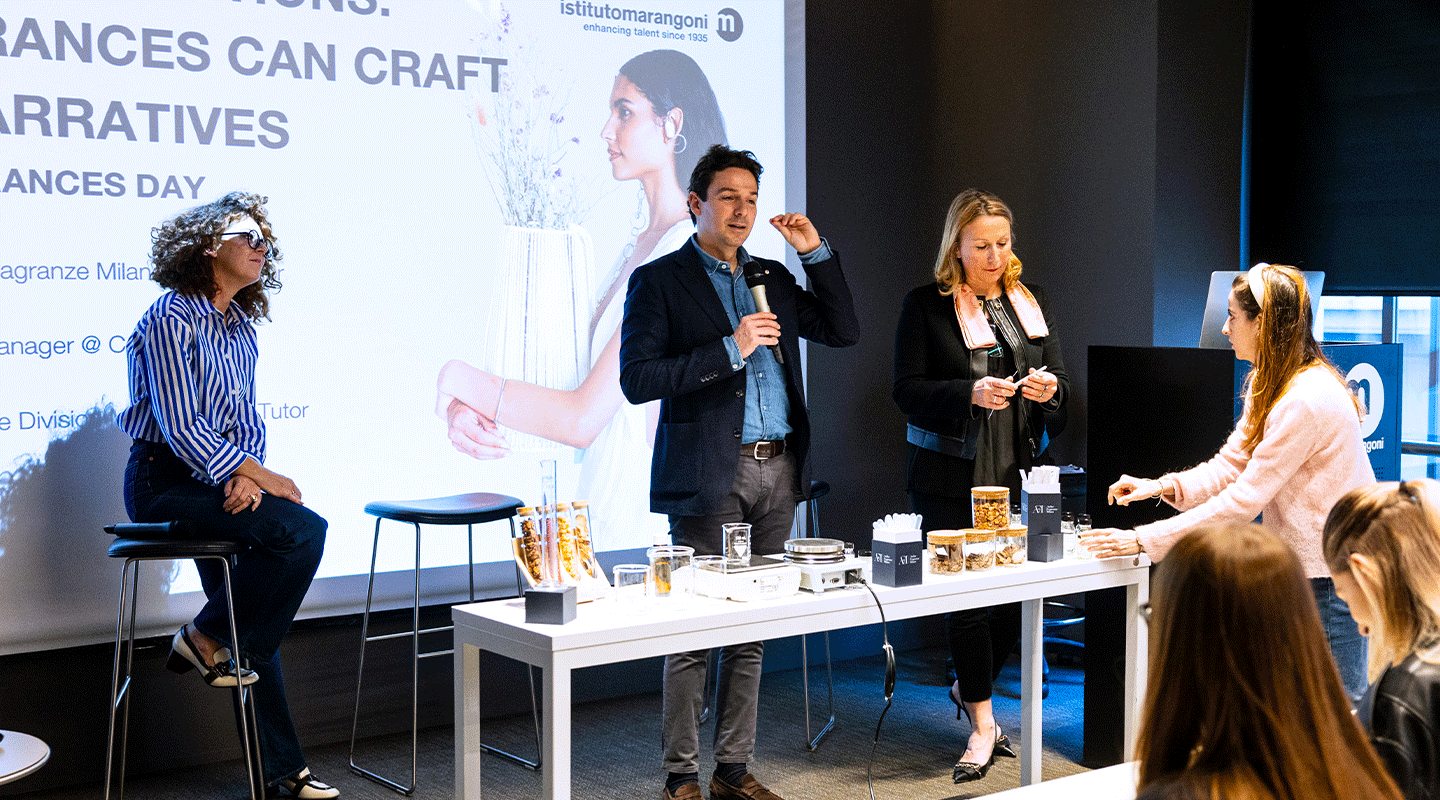 From left to right: Monica Del Vecchio (Area Manager at Carthusia), Luca Maffei (CEO at Atelier Fragranze Milano), and Micaela Giamberti (Fragrance Division Manager at Atelier Fragranze Milano and tutor at Istituto Marangoni Milano), during the fragrance event hosted by Istituto Marangoni in partnership with Accademia del Profumo