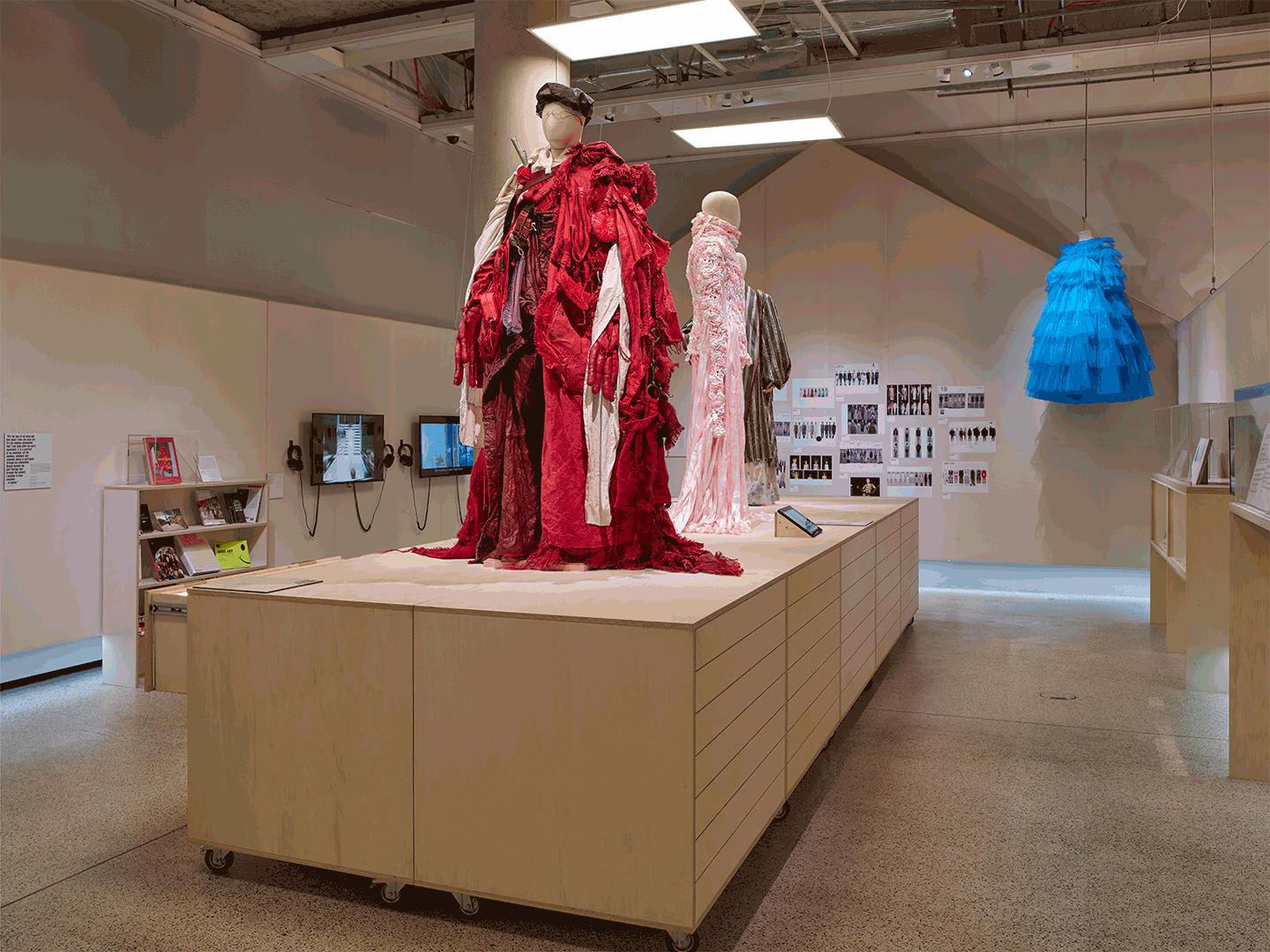 The Art School room of ‘Rebel: 30 Years of London Fashion’, the exhibition sponsored by Alexander McQueen. Photograph by Andy Stagg. Image Courtesy of The Design Museum