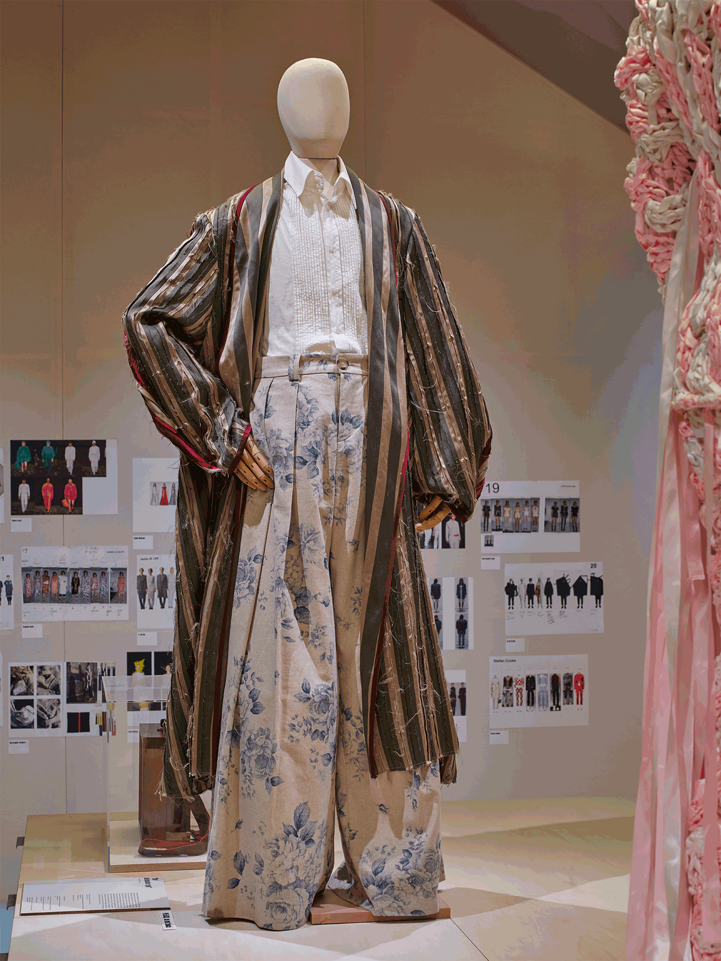 The SS Daley ensemble from his Graduate Collection, featuring the trousers worn by Harry Styles in his 'Golden' video, on display at ‘Rebel: 30 Years of London Fashion’, the exhibition sponsored by Alexander McQueen. Photograph by Andy Stagg. Image Courtesy of The Design Museum