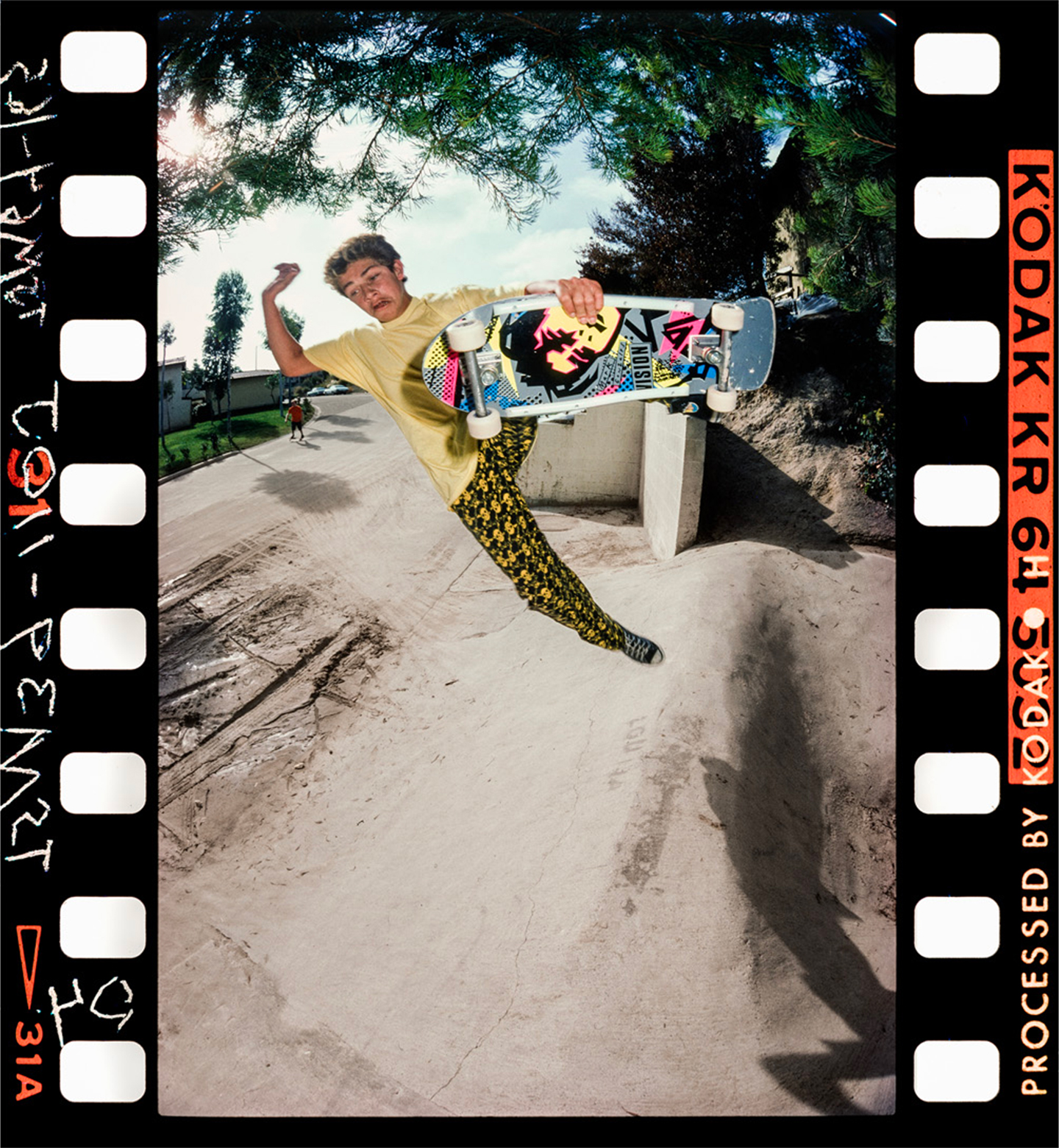 Mark Gonzales, Gemco Bank, frontside boneless, 1985. Photograph by Grant Brittain. Image Courtesy of The Design Museum
