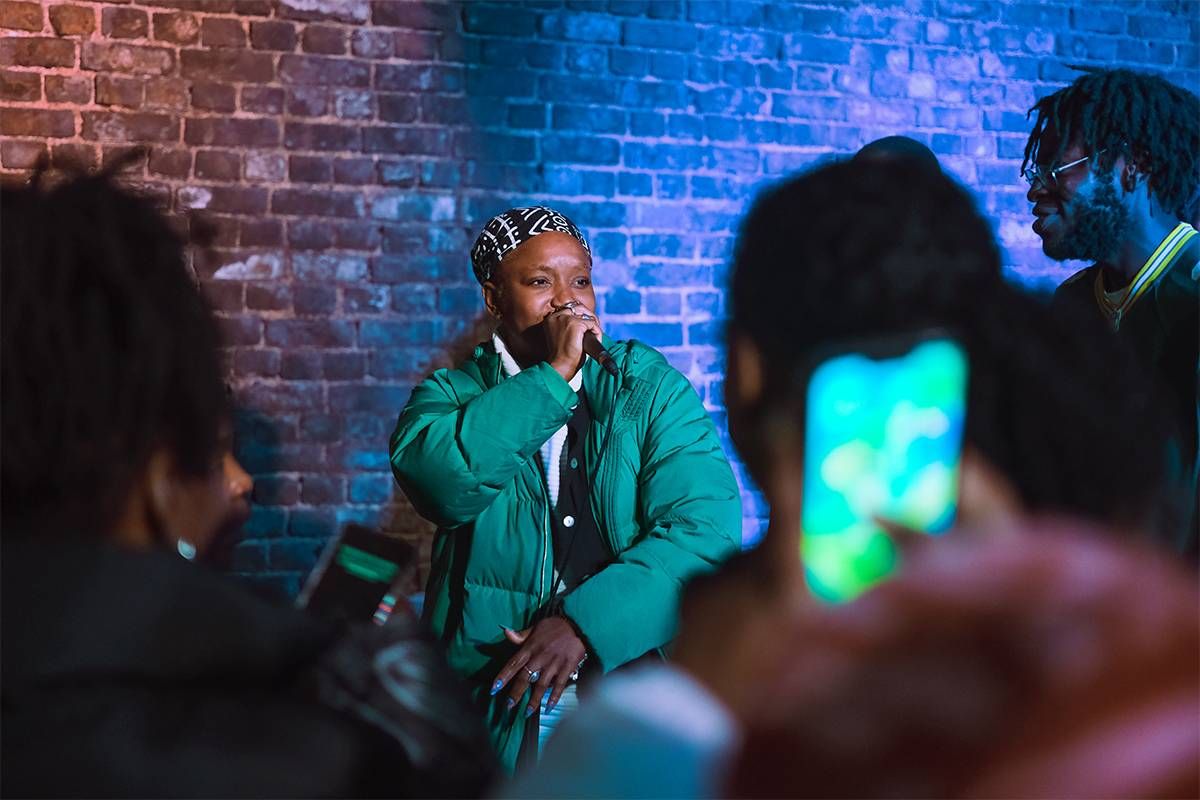 Artist Naala performing at Raw Rotations, the bi-monthly cypher and open mic event held in partnership with the Bureau of Silly Ideas. Photo by Oliver McKanzie for Folios, Moleskine Foundation