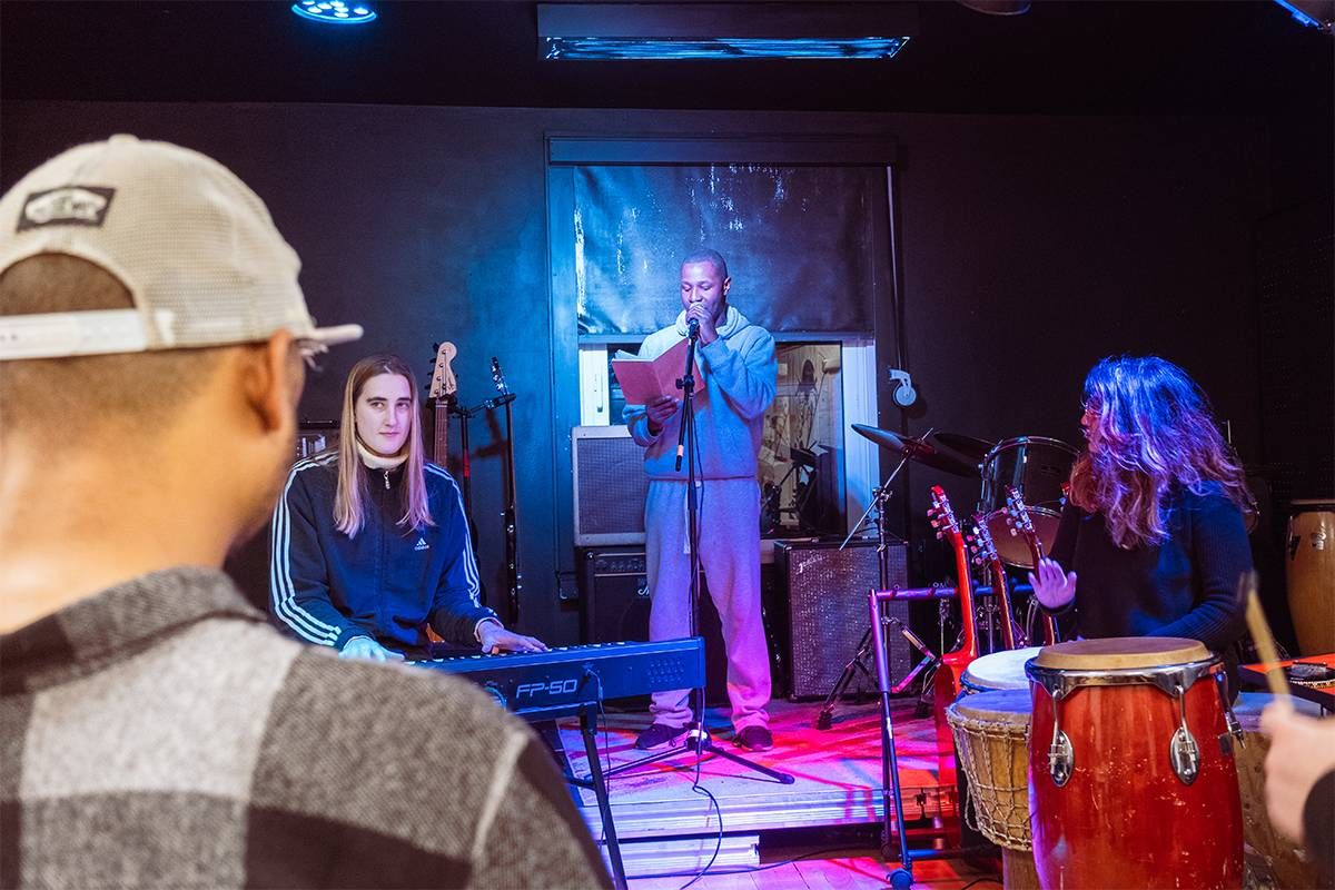 One of Raw Material’s regular members, Matthew, performing his self-penned lyrics accompanied by facilitator Jess. Photo by Oliver McKanzie for Folios, Moleskine Foundation