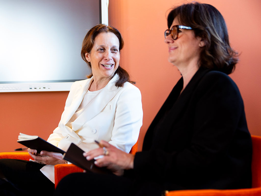 Stefania Valenti, Managing Director of Istituto Marangoni, and Alessandra Gallone, Advisor for the Italian Ministry of Universities and Research, at the Istituto Marangoni press conference focused on the school's Fragrance & Cosmetics courses