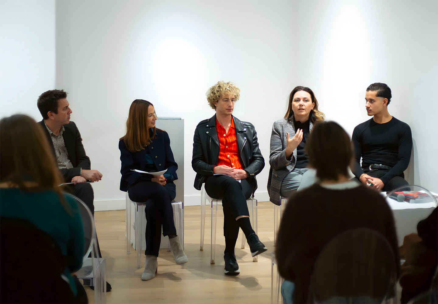The round table organised by Istituto Marangoni Paris to mark the opening of the Rives de la Beauté international event in the French capital. From left to right, experts Wouter Wiels, Silvia Manzoni, Damien Rousseaux, Susanna Nicoletti and IM alumnus Luciano Piunti