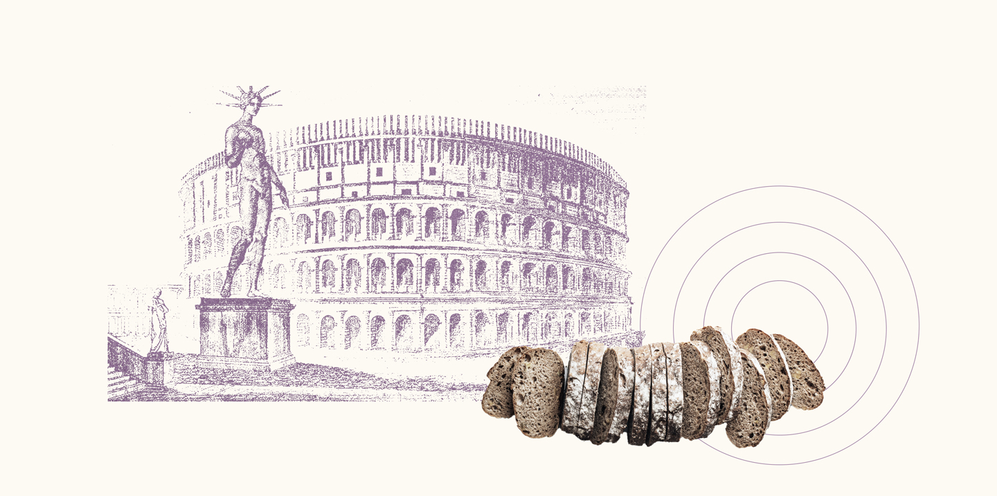 The expression “Bread and circuses” (from Latin: Panem et circenses) originated in Ancient Rome, referring to the idea that the public needs to have entertainment. Collage courtesy of IM alumna and graphic designer Constanza Coscia