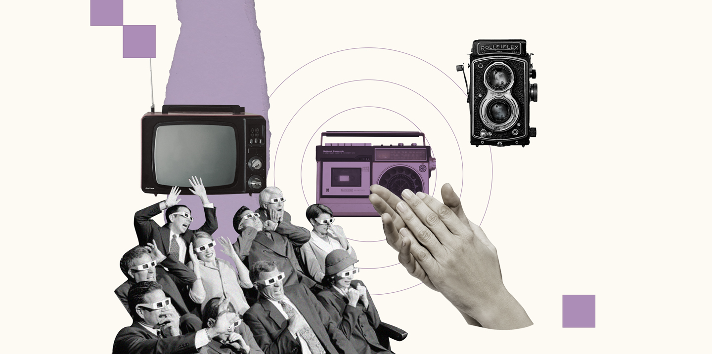 The landscape of entertainment transformed with the emergence of radio and cinema as mass media platforms. Collage courtesy of Constanza Coscia