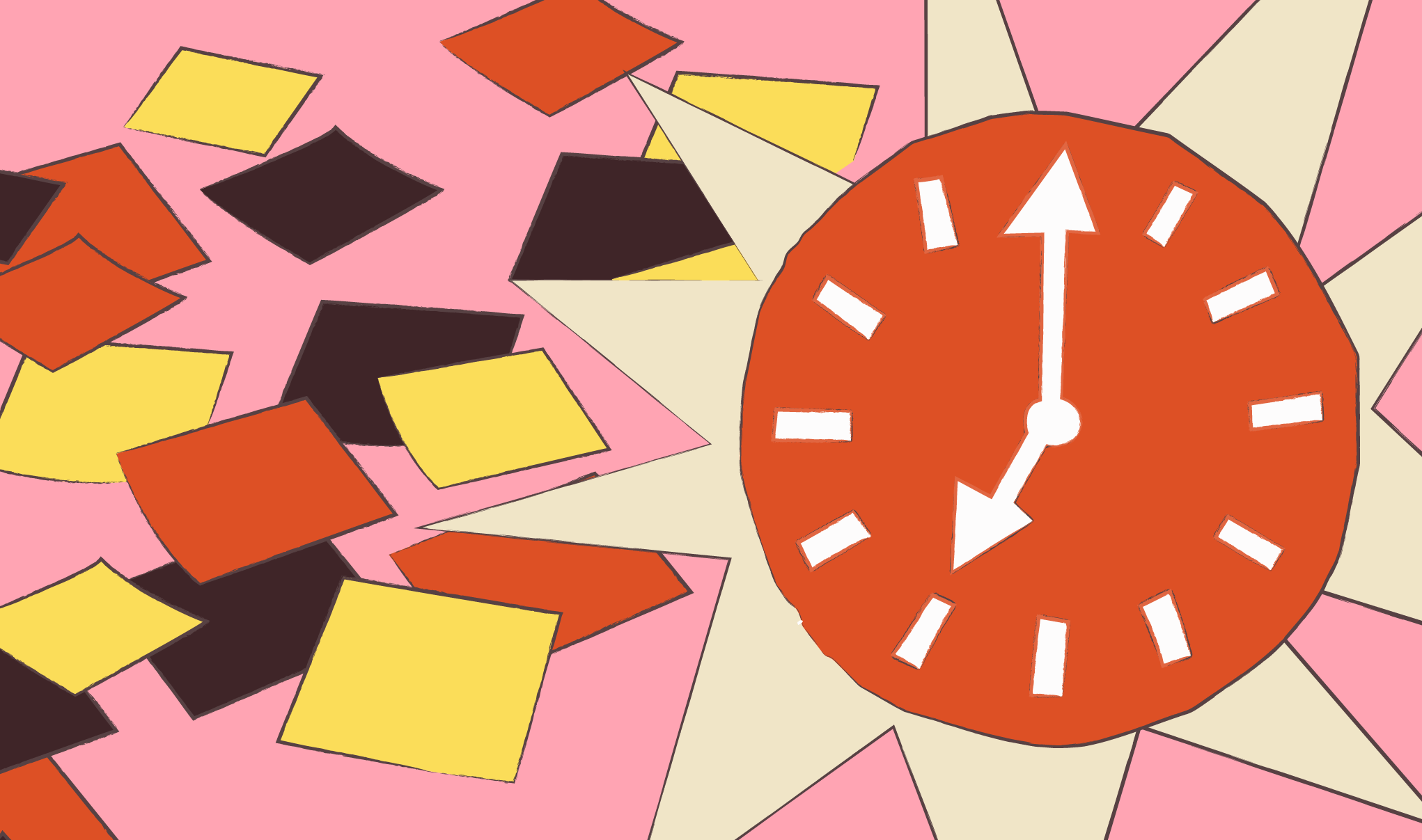 A playful graphic captures the pressure of interior design studies, where ideas, planning and deadlines turn procrastination into part of the creative process. Graphic by Constanza Coscia