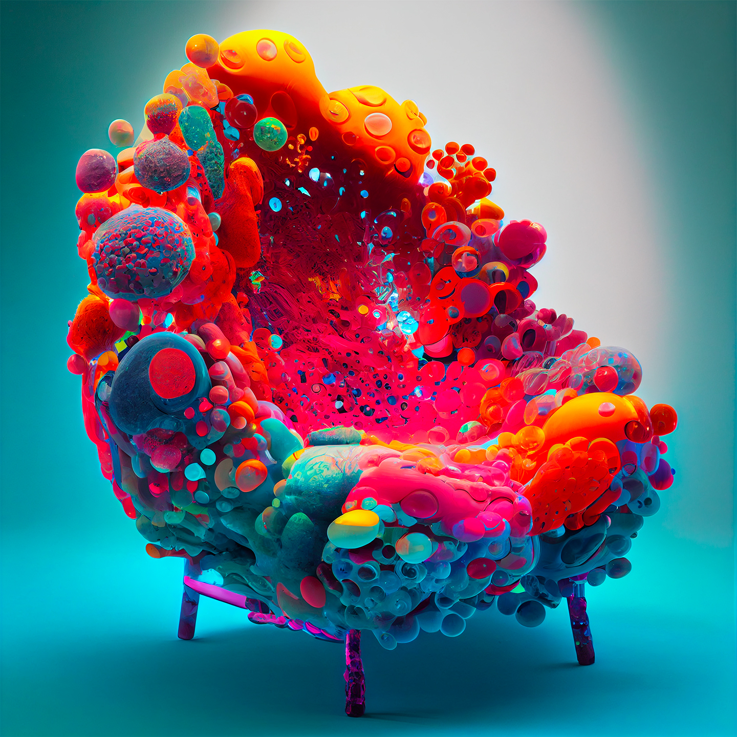 A chair made of colourful bubble structures with a study on corals, created by Istituto Marangoni Milano Design Professor Lorenzo Bustillos, also known as Lorbus, using artificial intelligence tools © Courtesy of the author