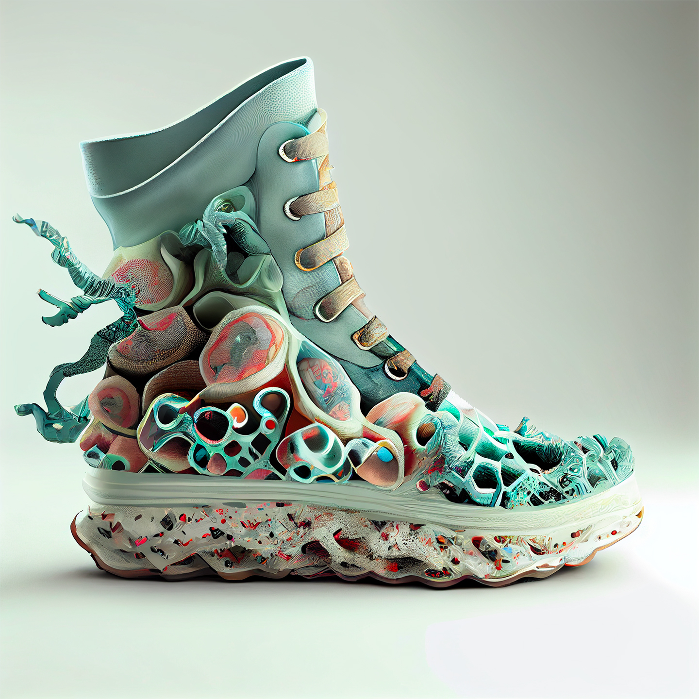 Shoe design for mould and spore sneakers, imagined by Lorenzo Bustillos using artificial intelligence © Courtesy of the author